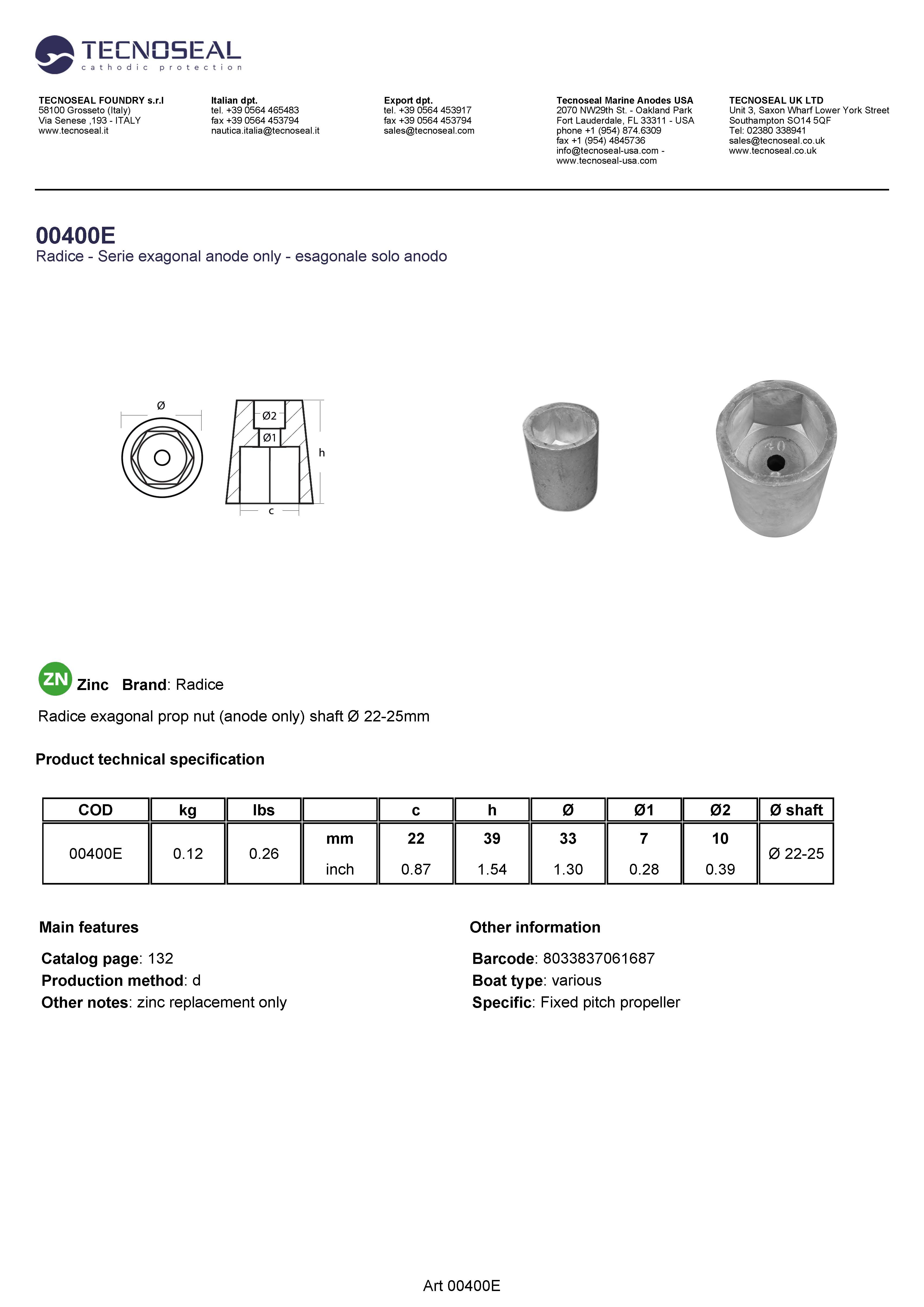 Radice exagonal prop nut (anode only) shaft &Oslash; 22-25mm - 00400e 1 - 00400E