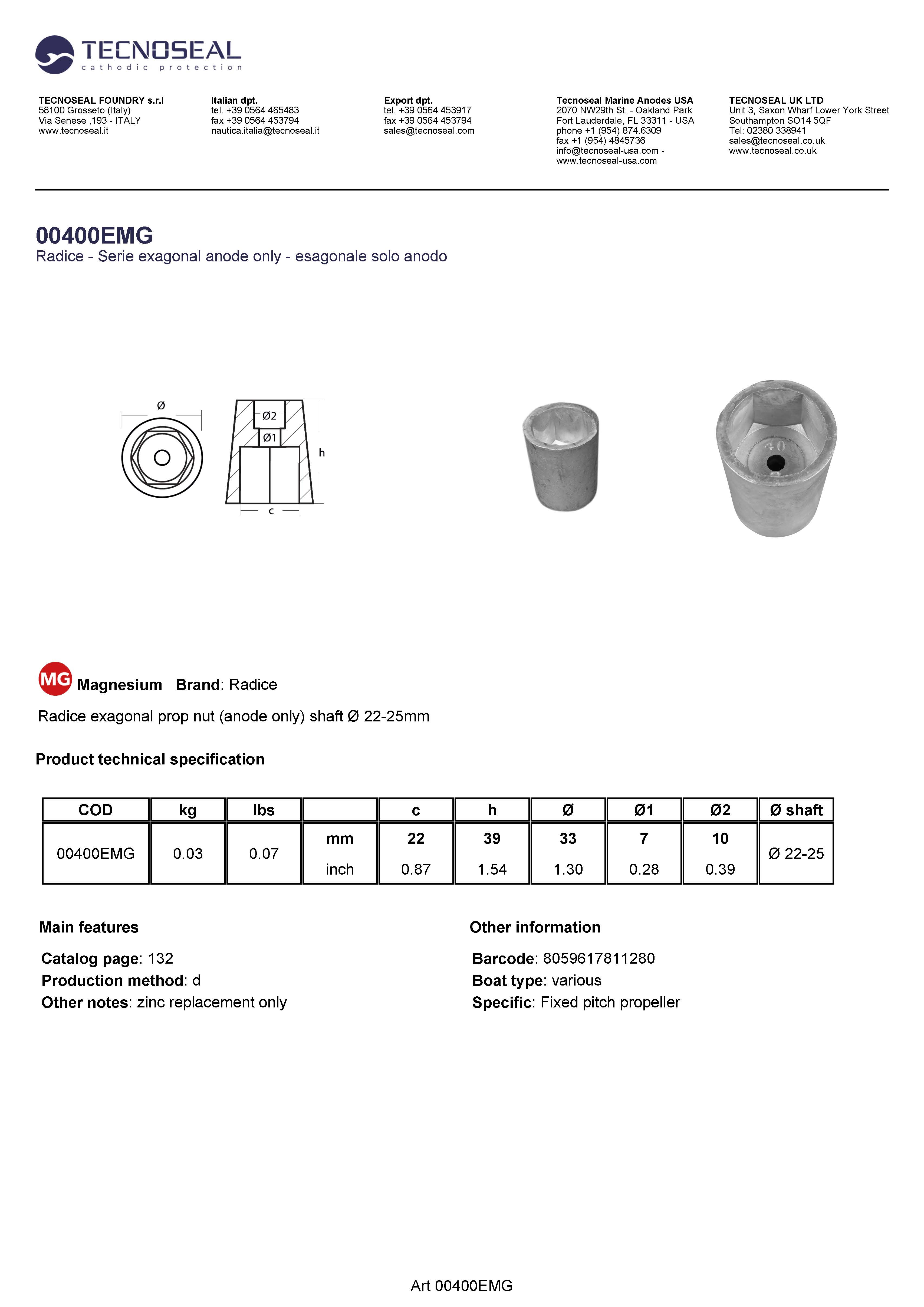 Radice exagonal prop nut (anode only) shaft &Oslash; 22-25mm - 00400emg - 00400EMG