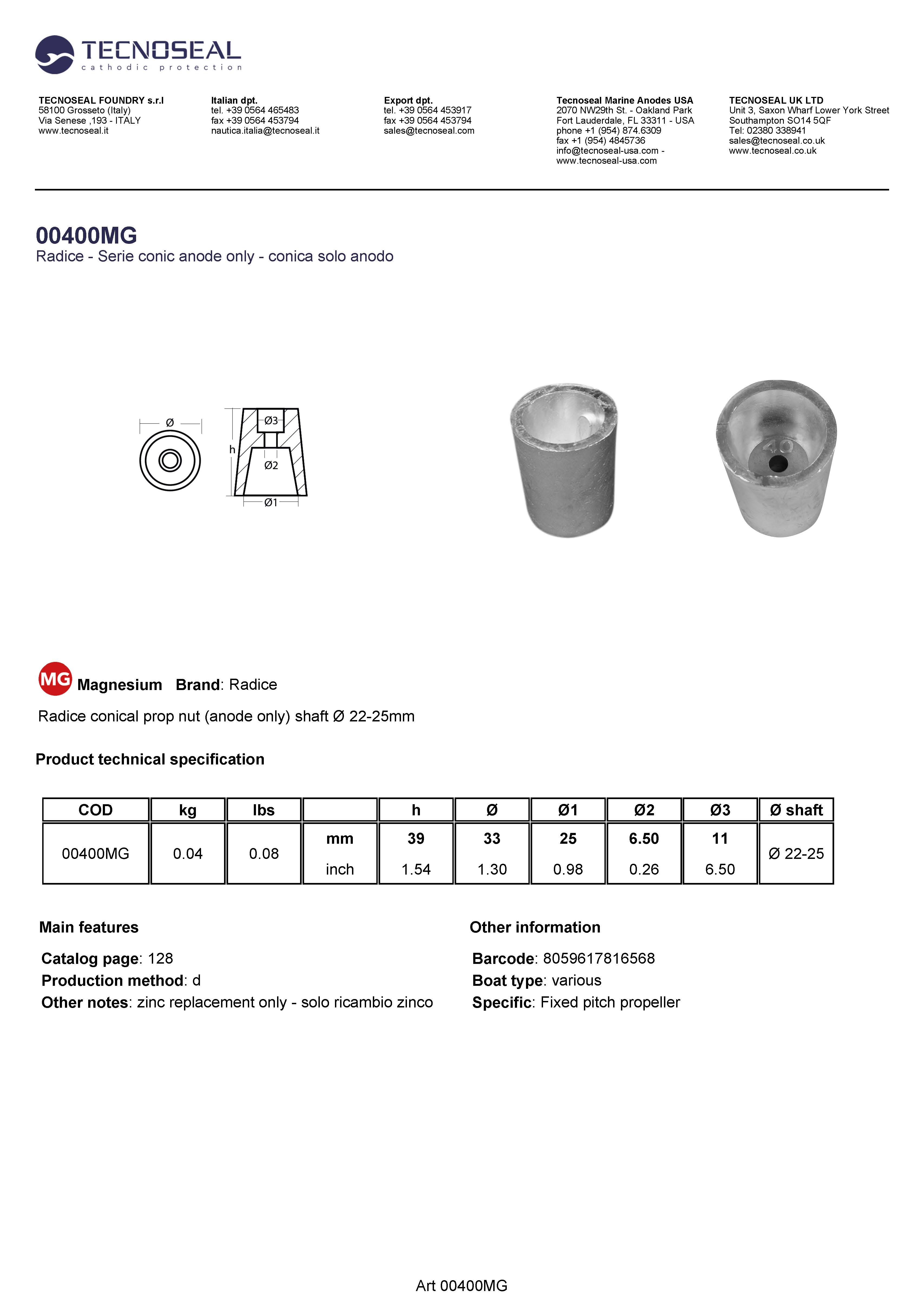 Radice conical prop nut (anode only) shaft &Oslash; 22-25mm - 00400mg - 00400MG