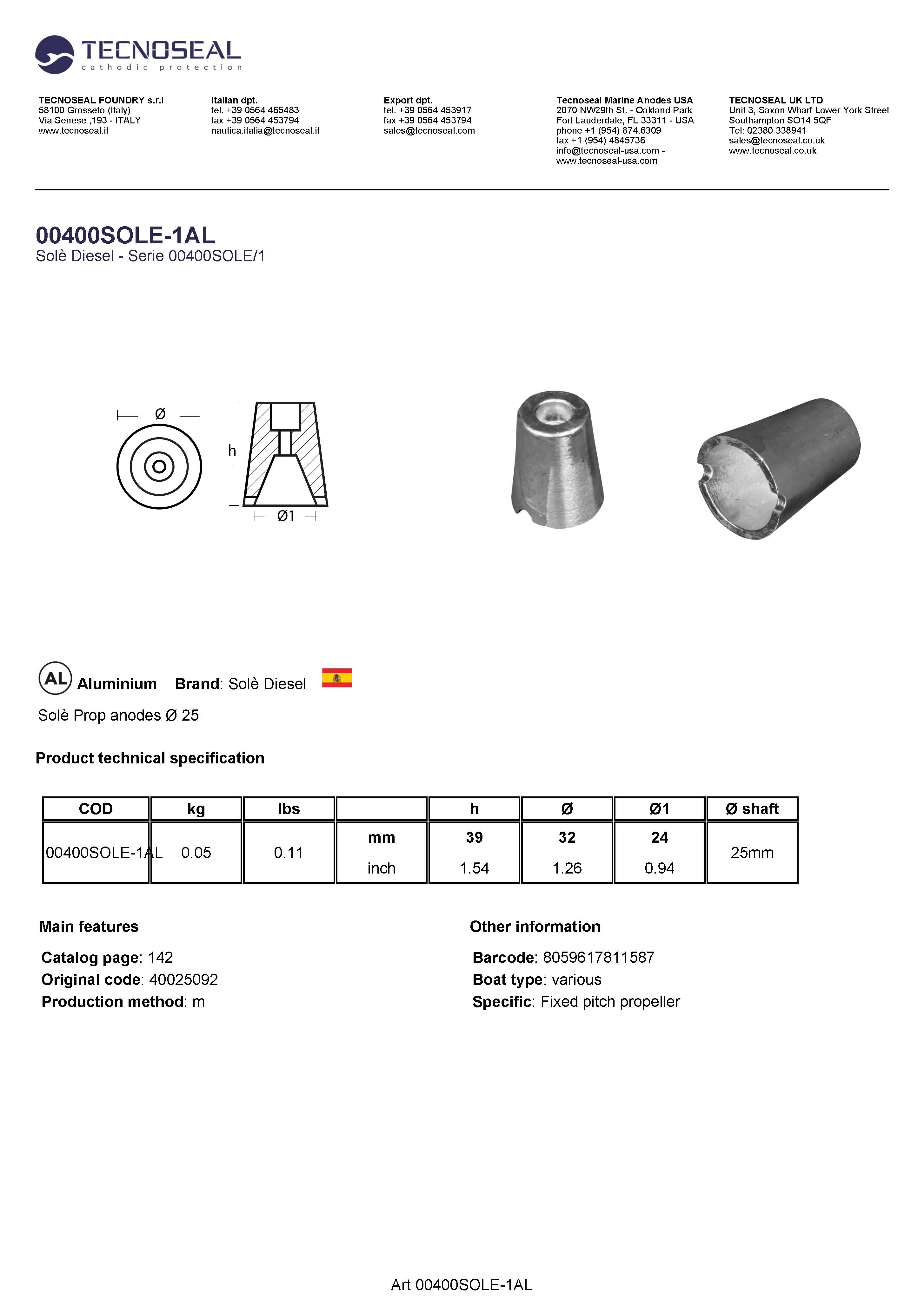 Sol&egrave; Prop anodes &Oslash; 32 - 00400sole 1al 1 - 00400SOLE-1AL
