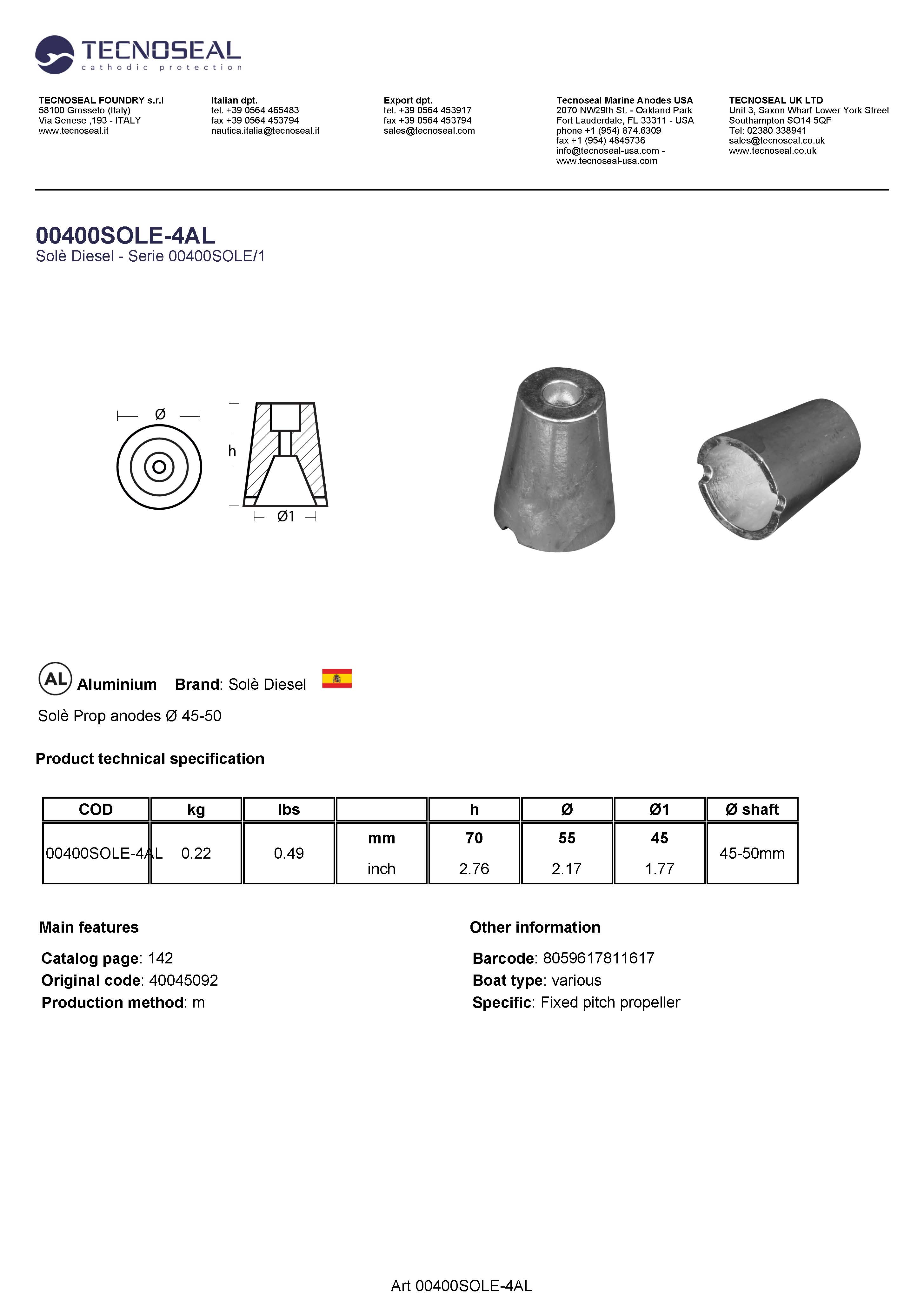 Sol&egrave; Prop anodes &Oslash; 55 - 00400sole 4al 1 - 00400SOLE-4AL