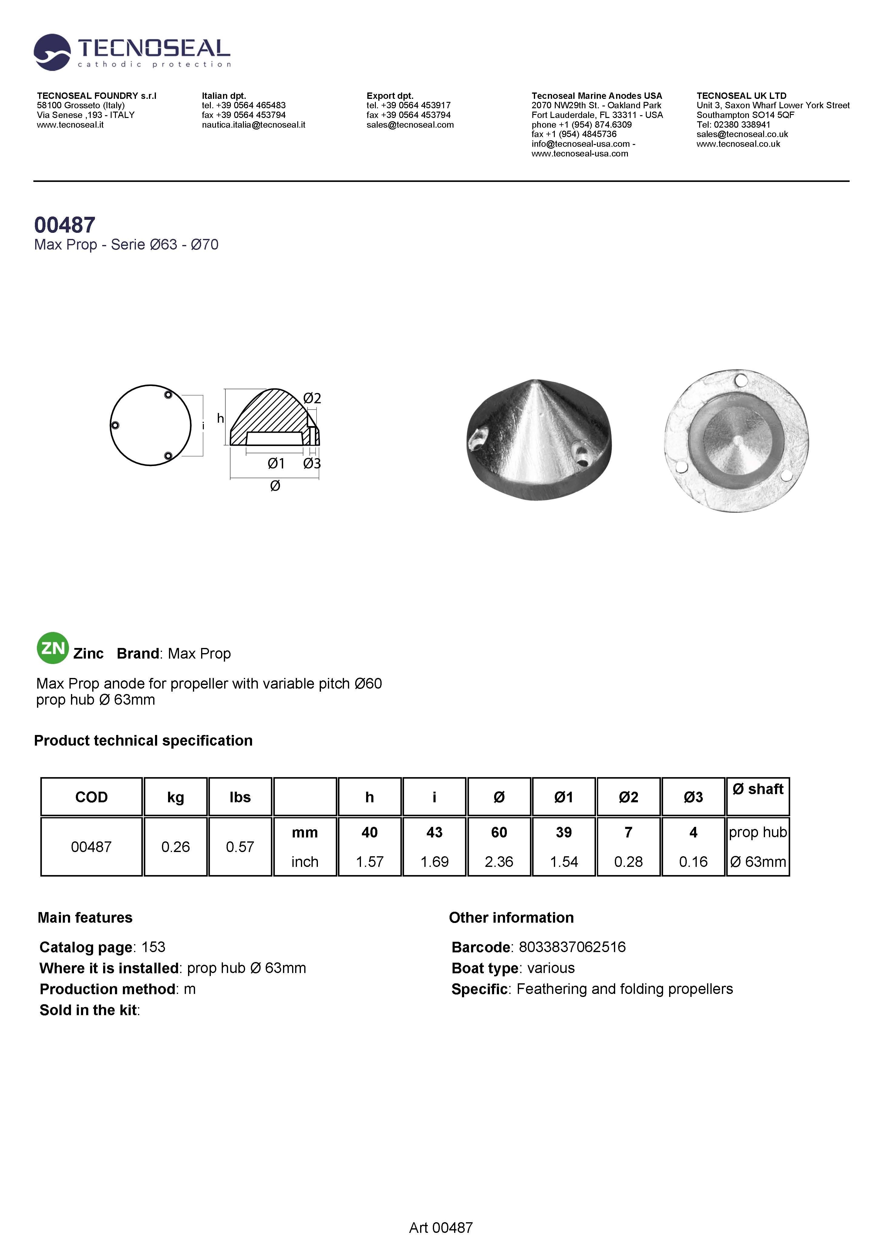 Max Prop anode for propeller with variable pitch &Oslash;60 - 00487 1 - 00487