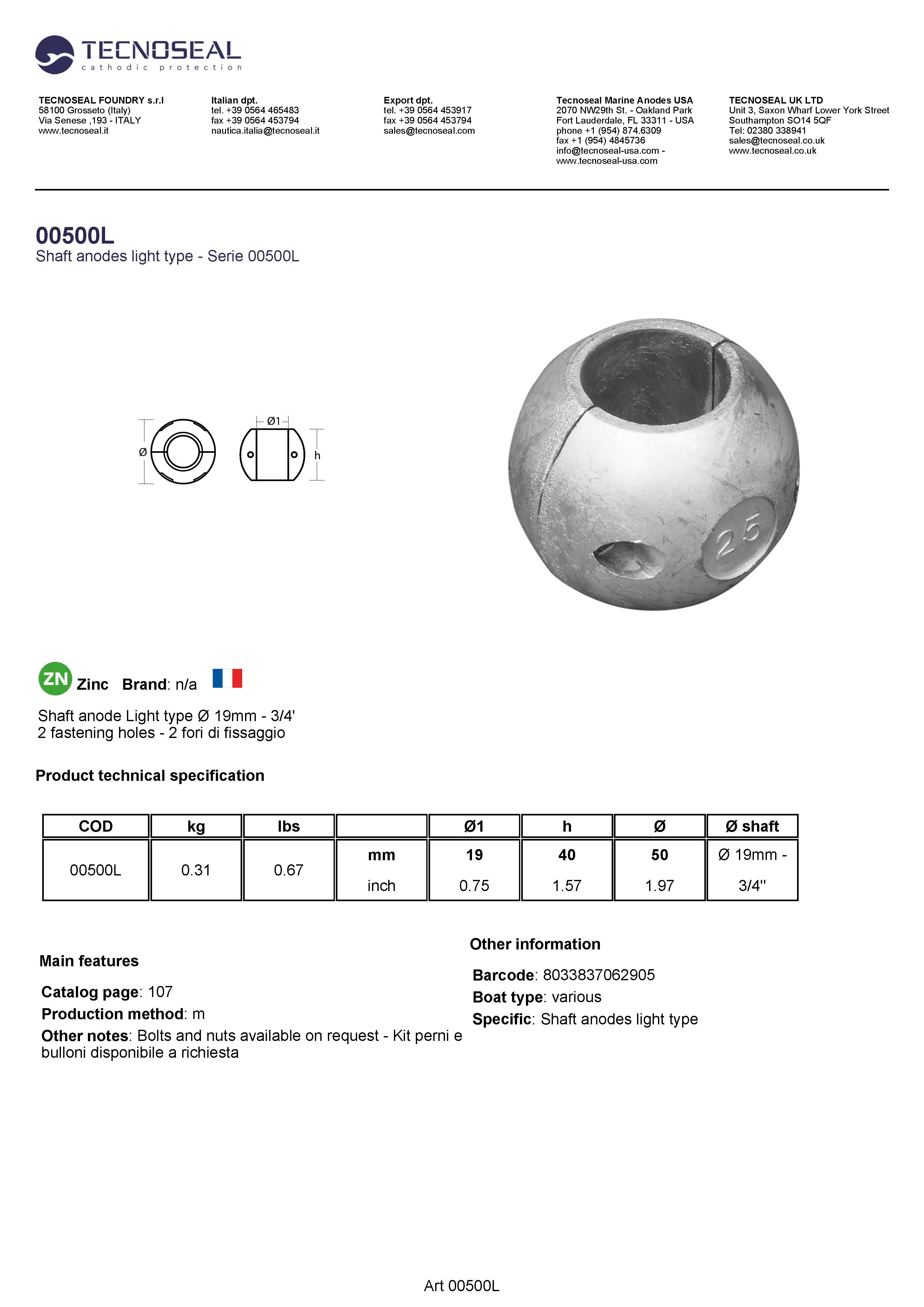 Shaft anode Light type &Oslash;  19mm - 3/4' - 00500l - 00500L