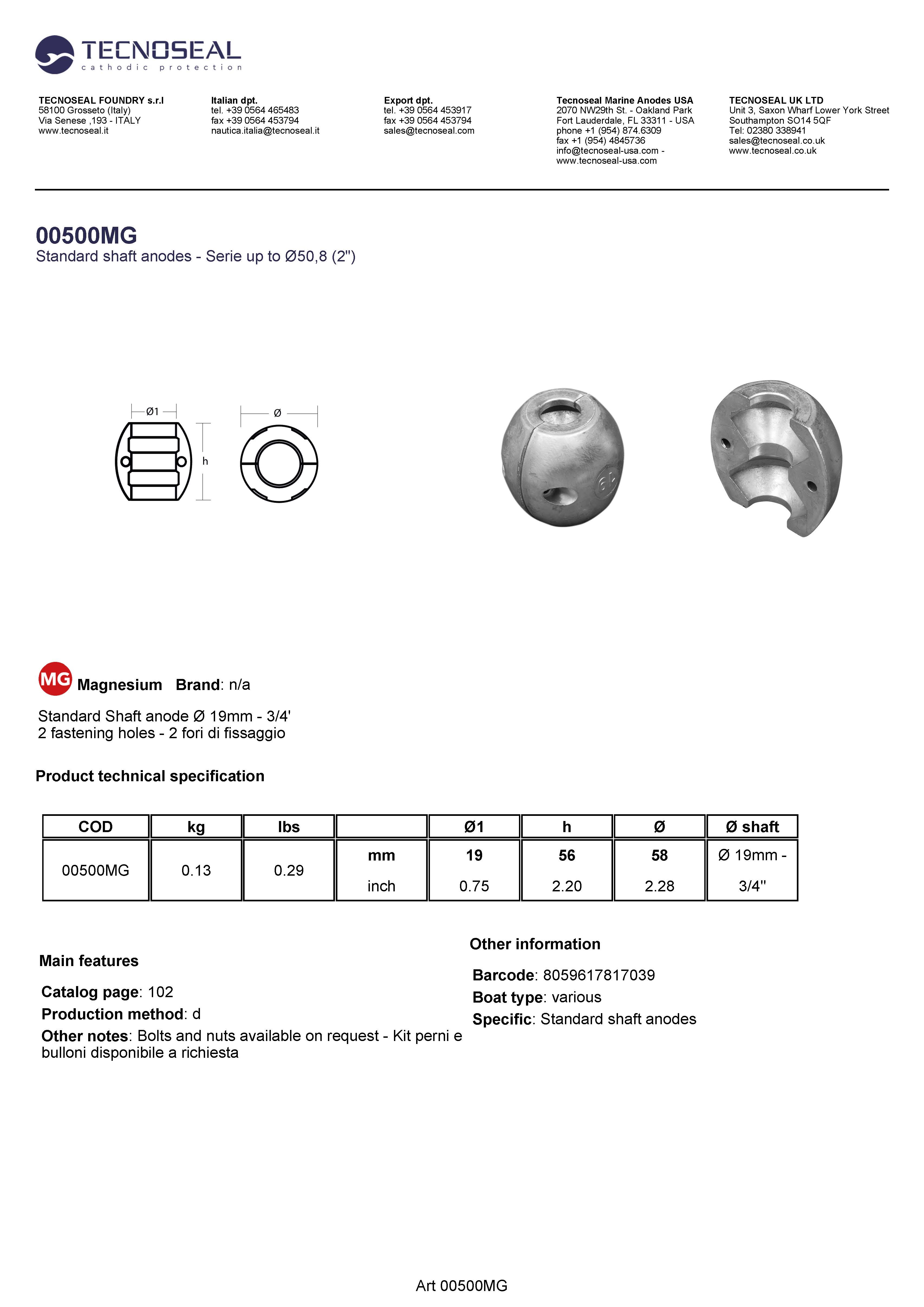 Shaft anode &Oslash; 19mm - 3/4' - 00500mg - 00500MG