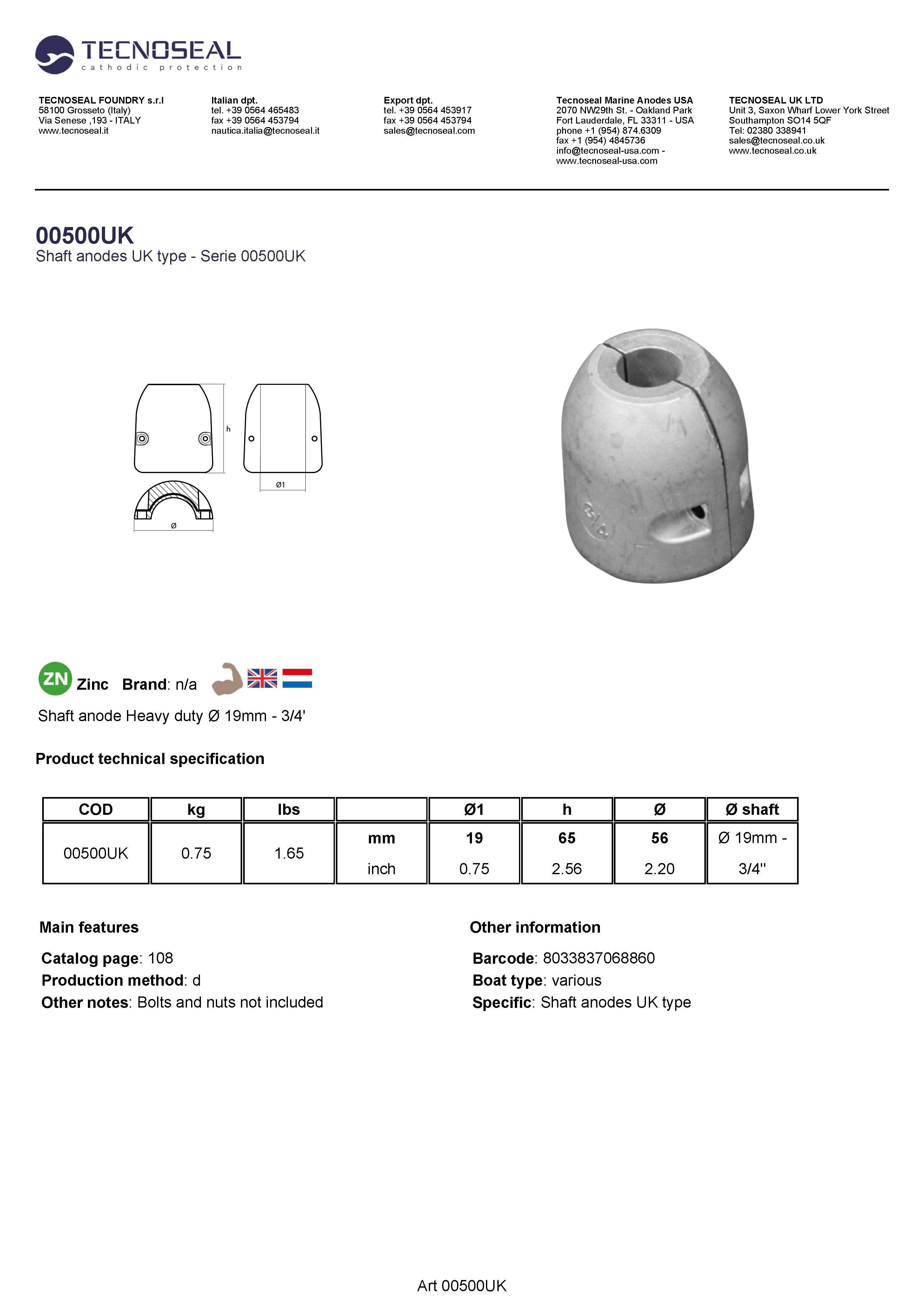 Shaft anode Heavy duty  &Oslash; 19mm - 3/4' - 00500uk 1 - 00500UK
