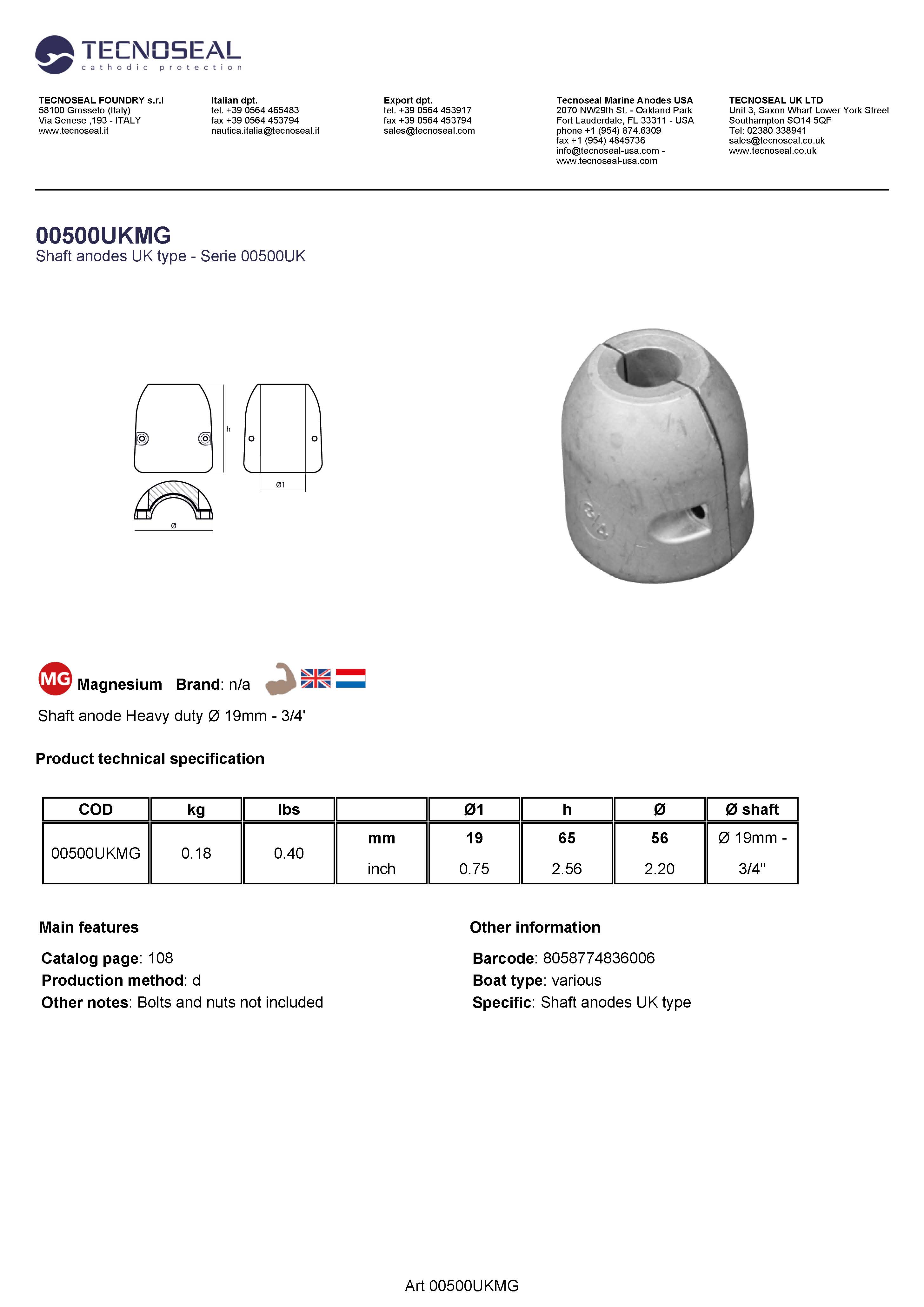 Shaft anode Heavy duty  &Oslash; 19mm - 3/4' - 00500ukmg - 00500UKMG