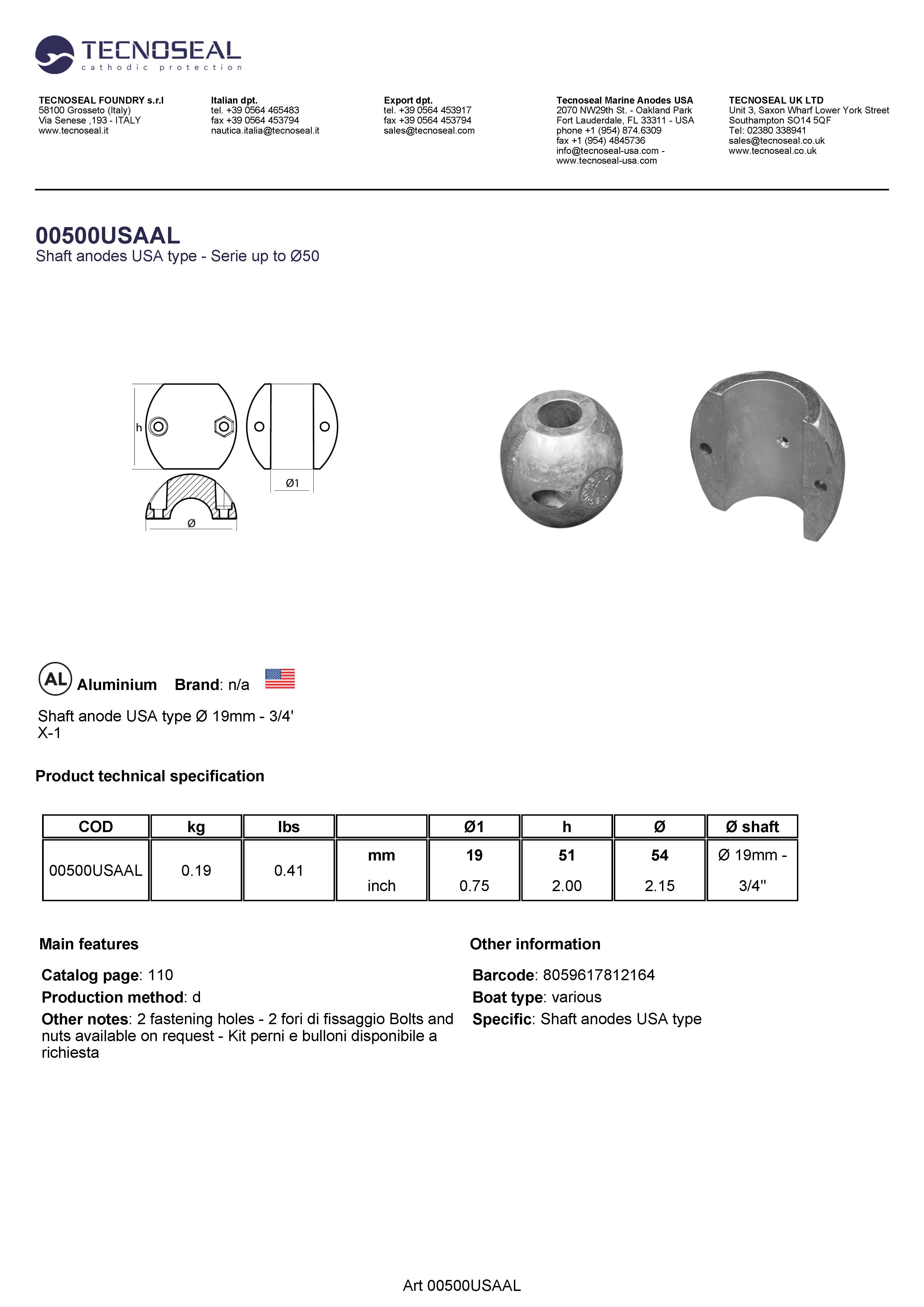 Shaft anode USA type aluminium &Oslash;19mm - 3/4' - 00500usaal - 00500USA/AL