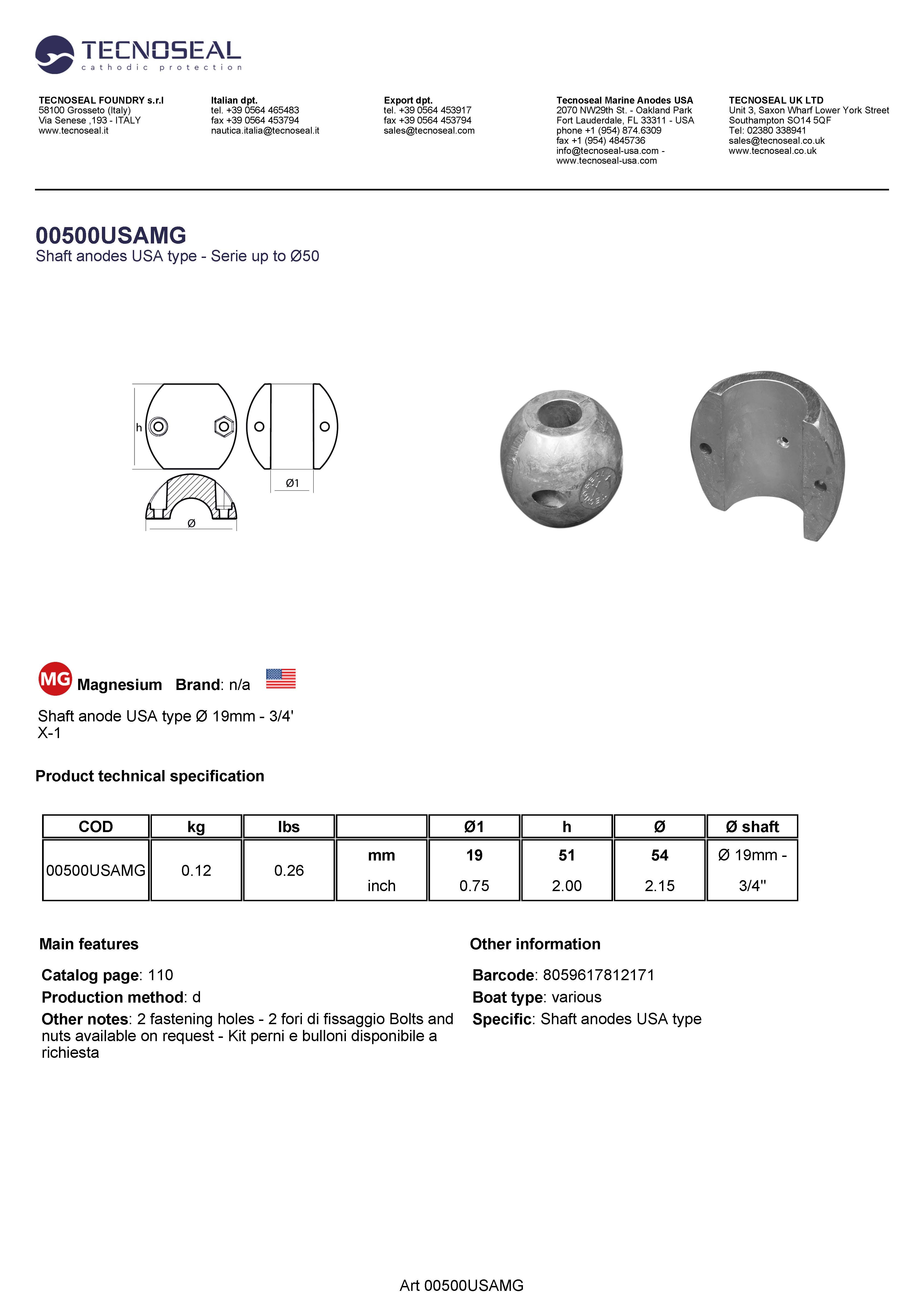 Shaft anode USA type &Oslash;  19mm - 3/4' - 00500usamg - 00500USAMG