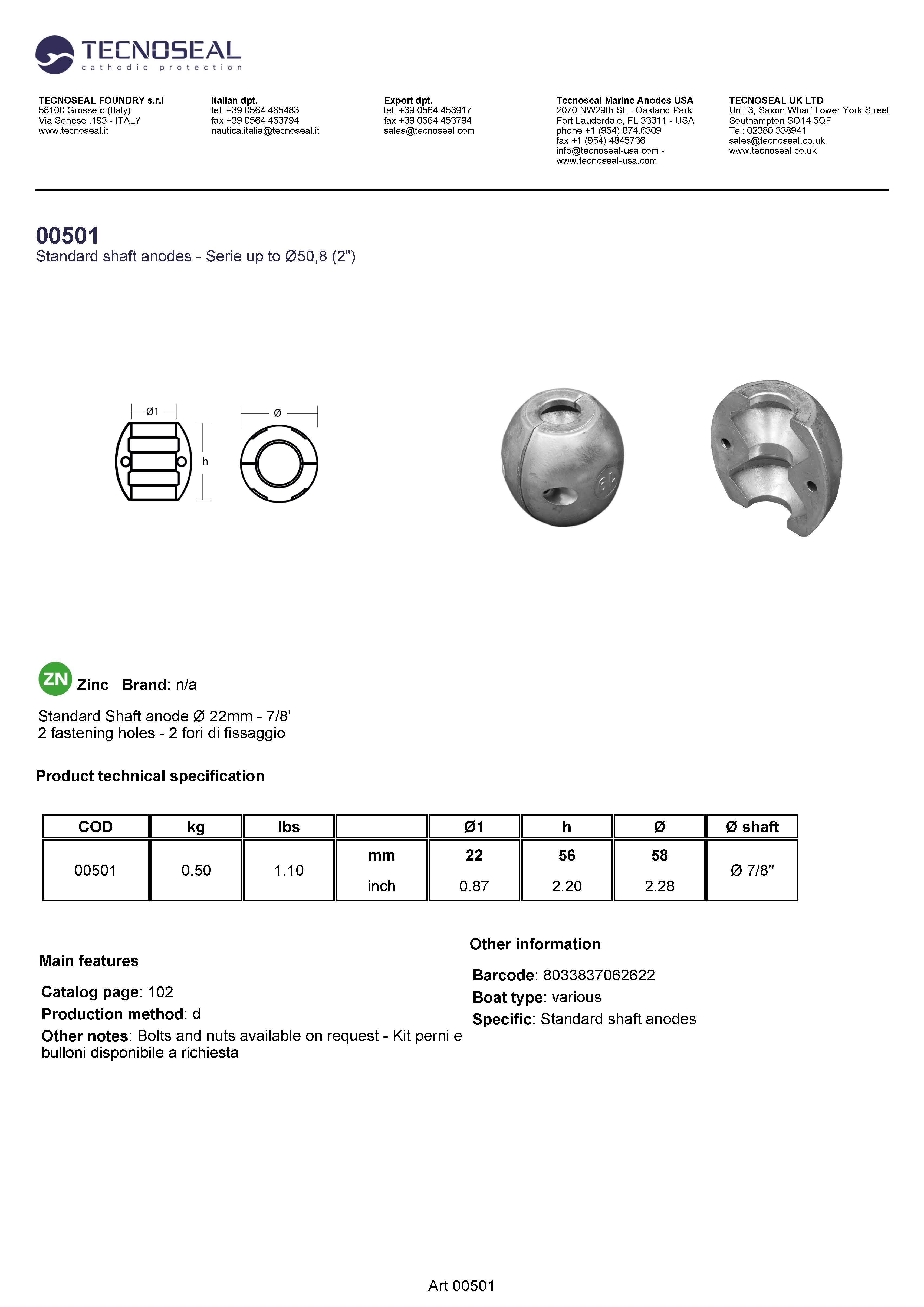 Shaft anode &Oslash;  22mm - 7/8' - 00501 - 00501