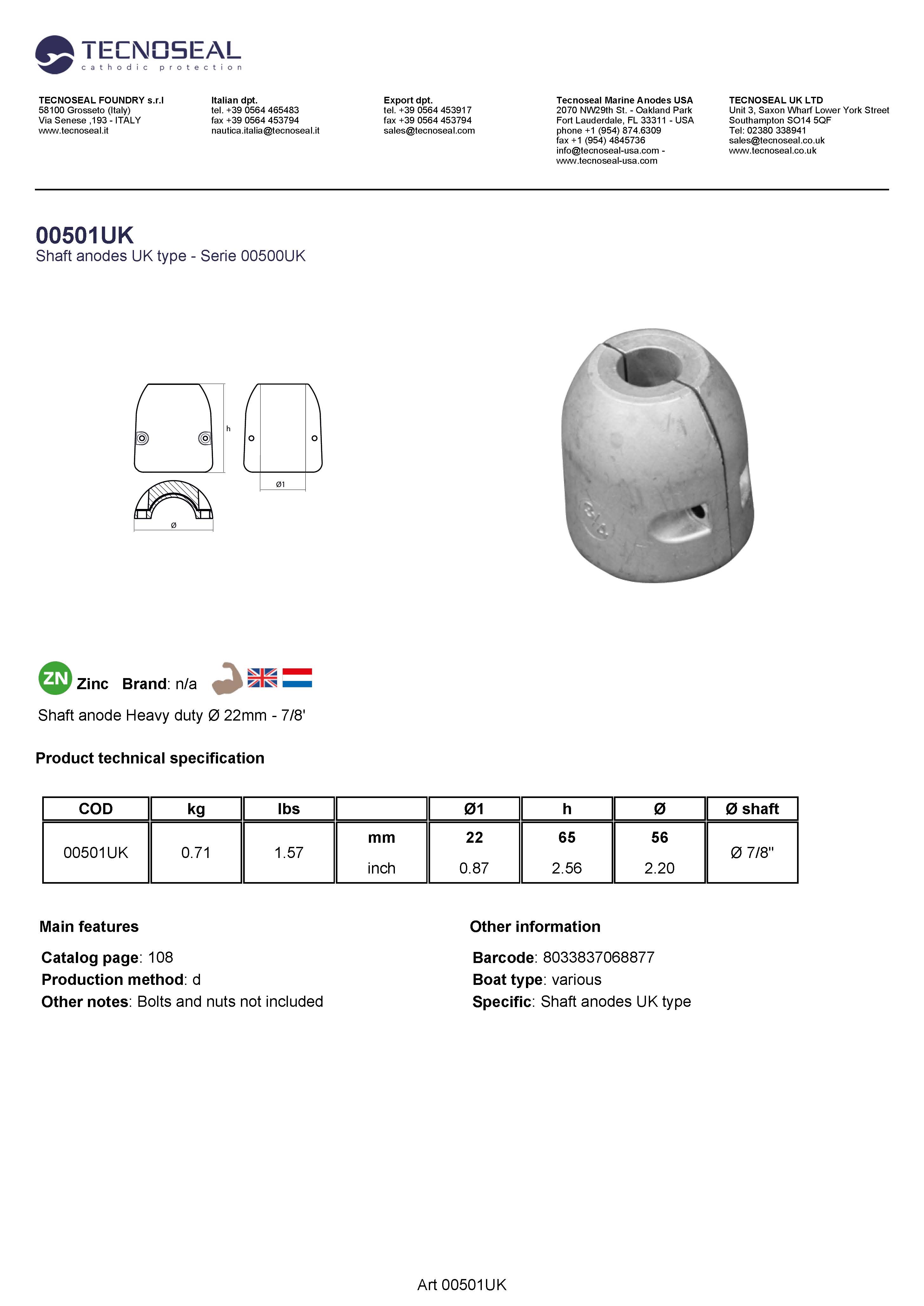Shaft anode Heavy duty  &Oslash; 22mm - 7/8' - 00501uk - 00501UK