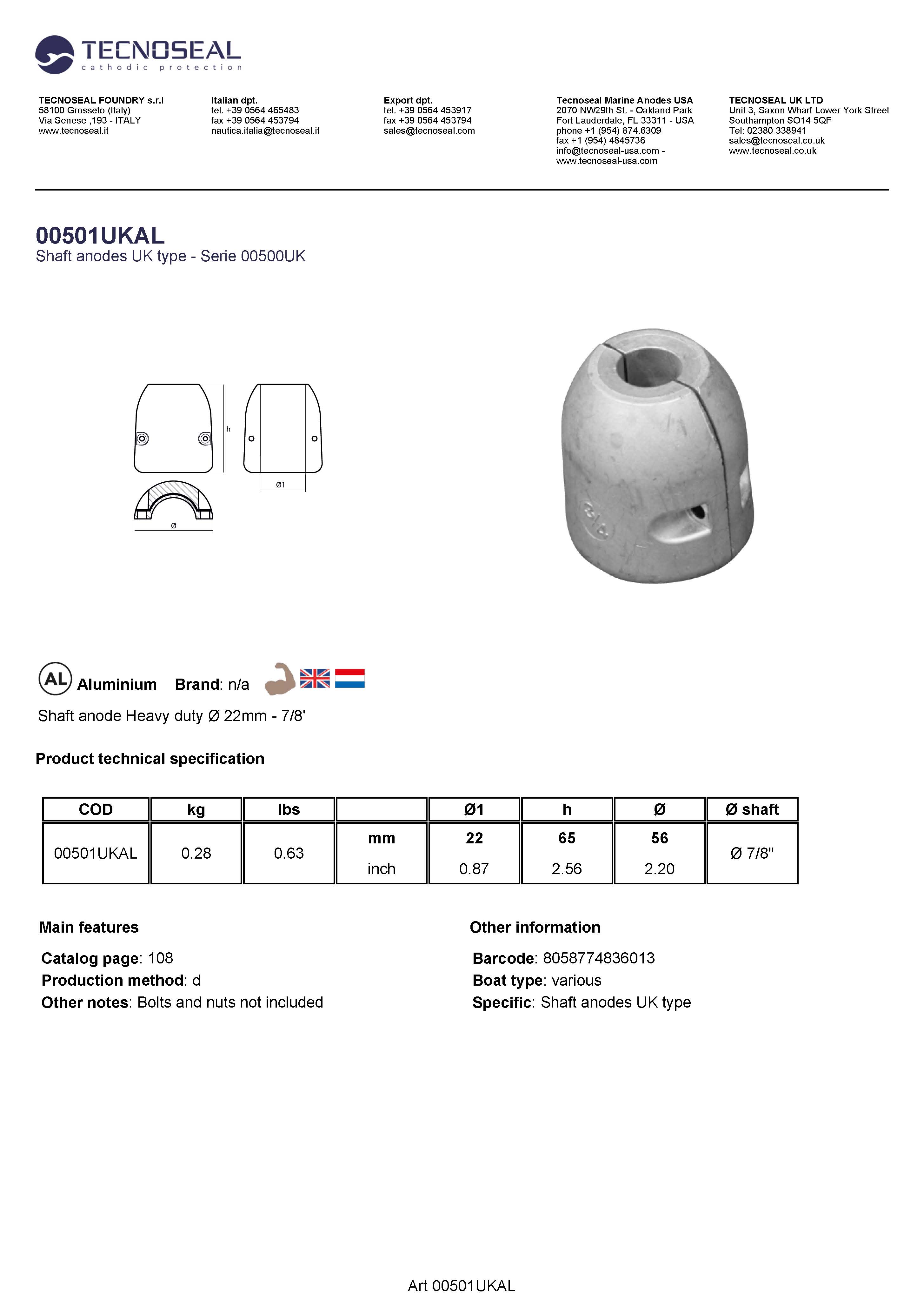 Shaft anode Heavy duty  &Oslash; 22mm - 7/8' - 00501ukal - 00501UKAL