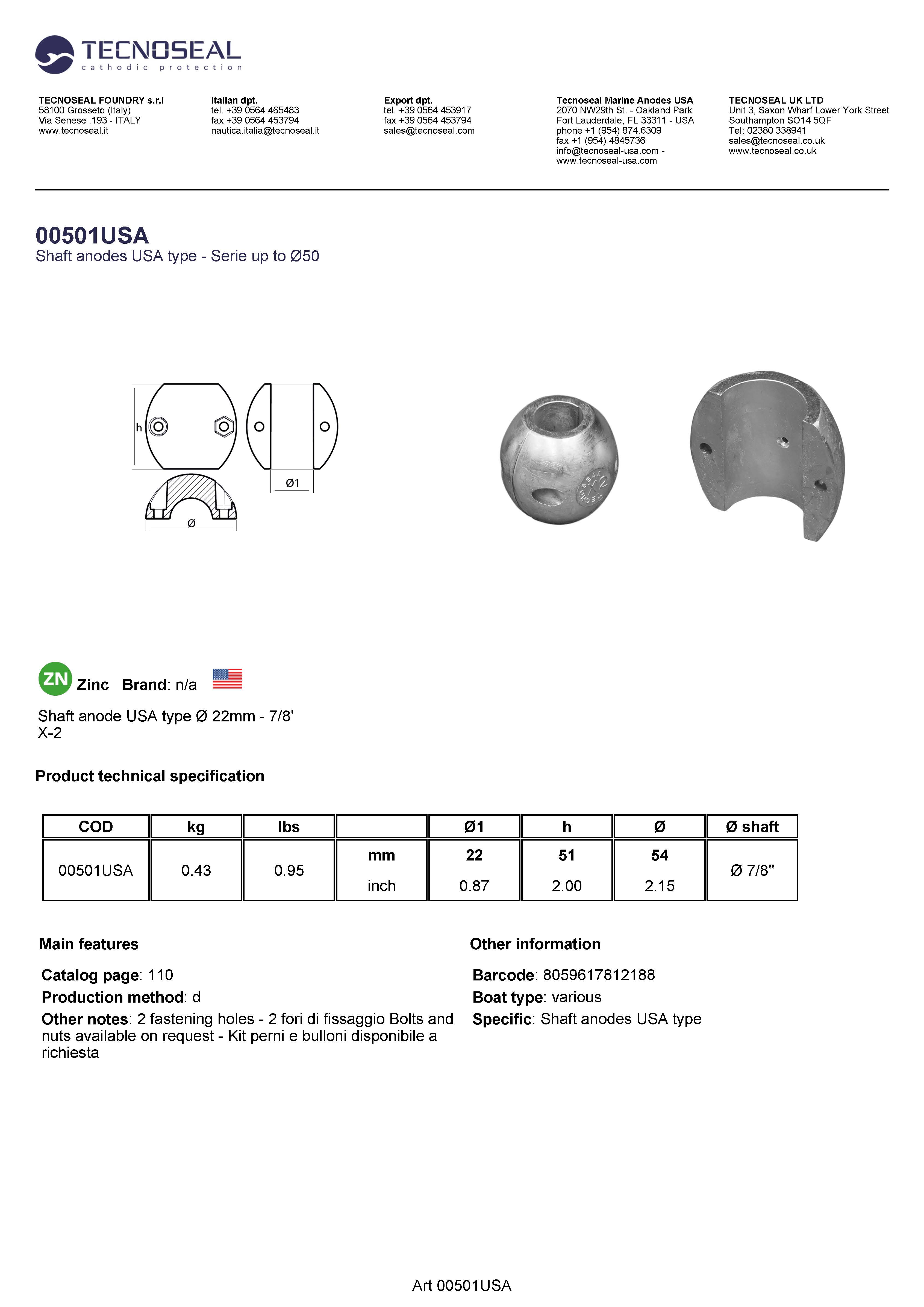 Shaft anode USA type &Oslash;  22mm - 7/8' - 00501usa 1 - 00501USA
