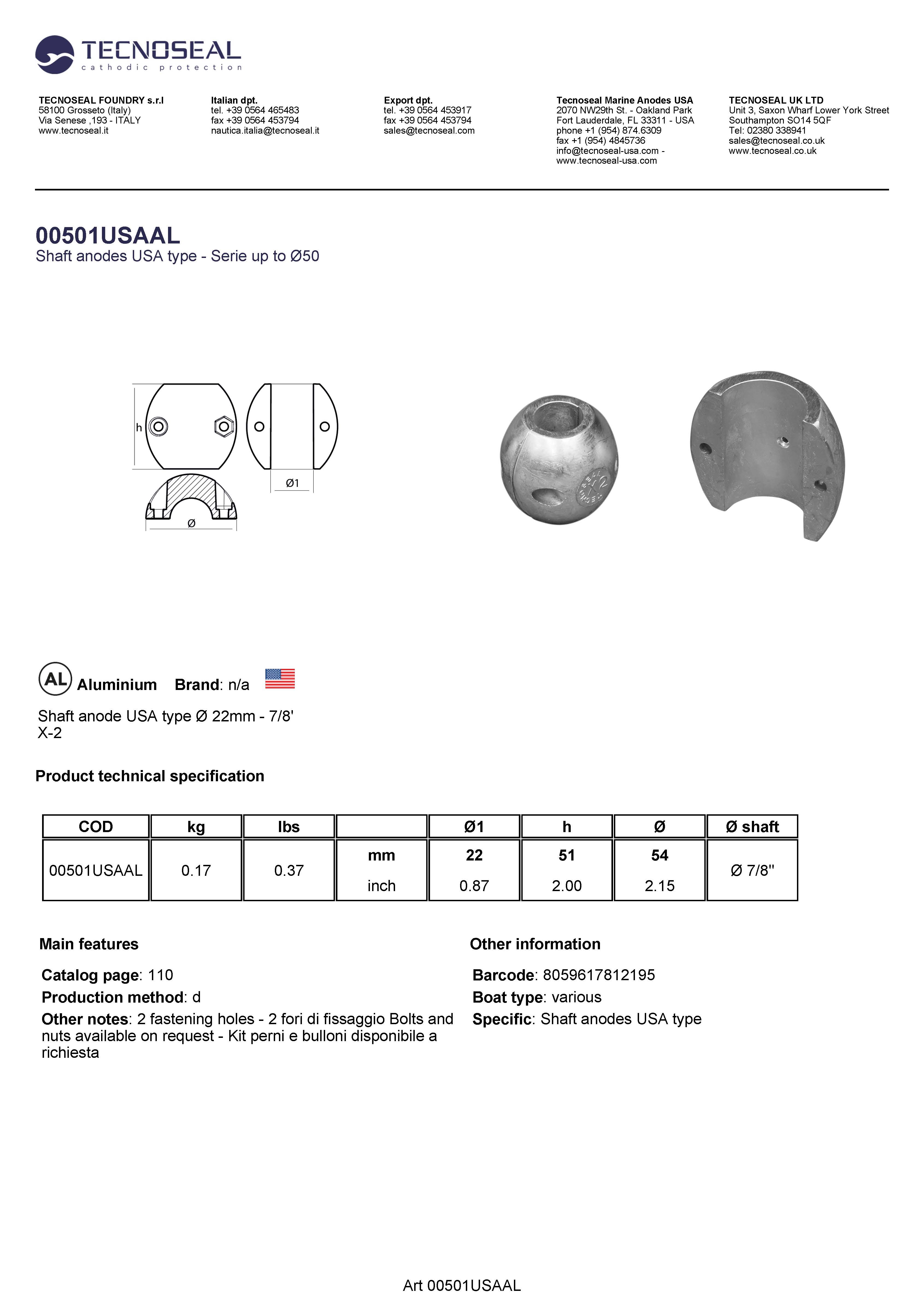 Shaft anode USA type aluminium &Oslash;22mm - 7/8' - 00501usaal - 00501USA/AL