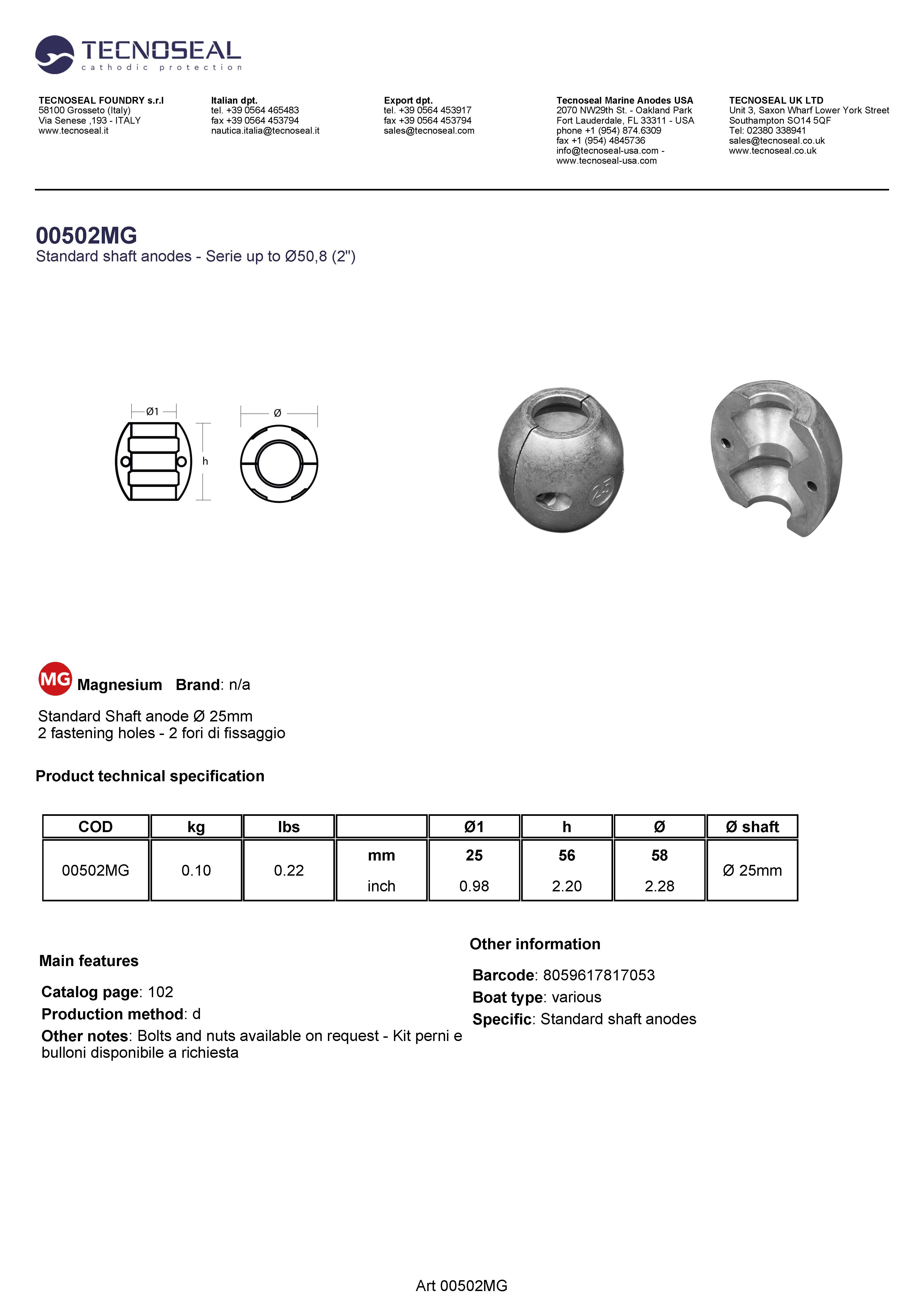 Shaft anode &Oslash; 25mm - 00502mg - 00502MG
