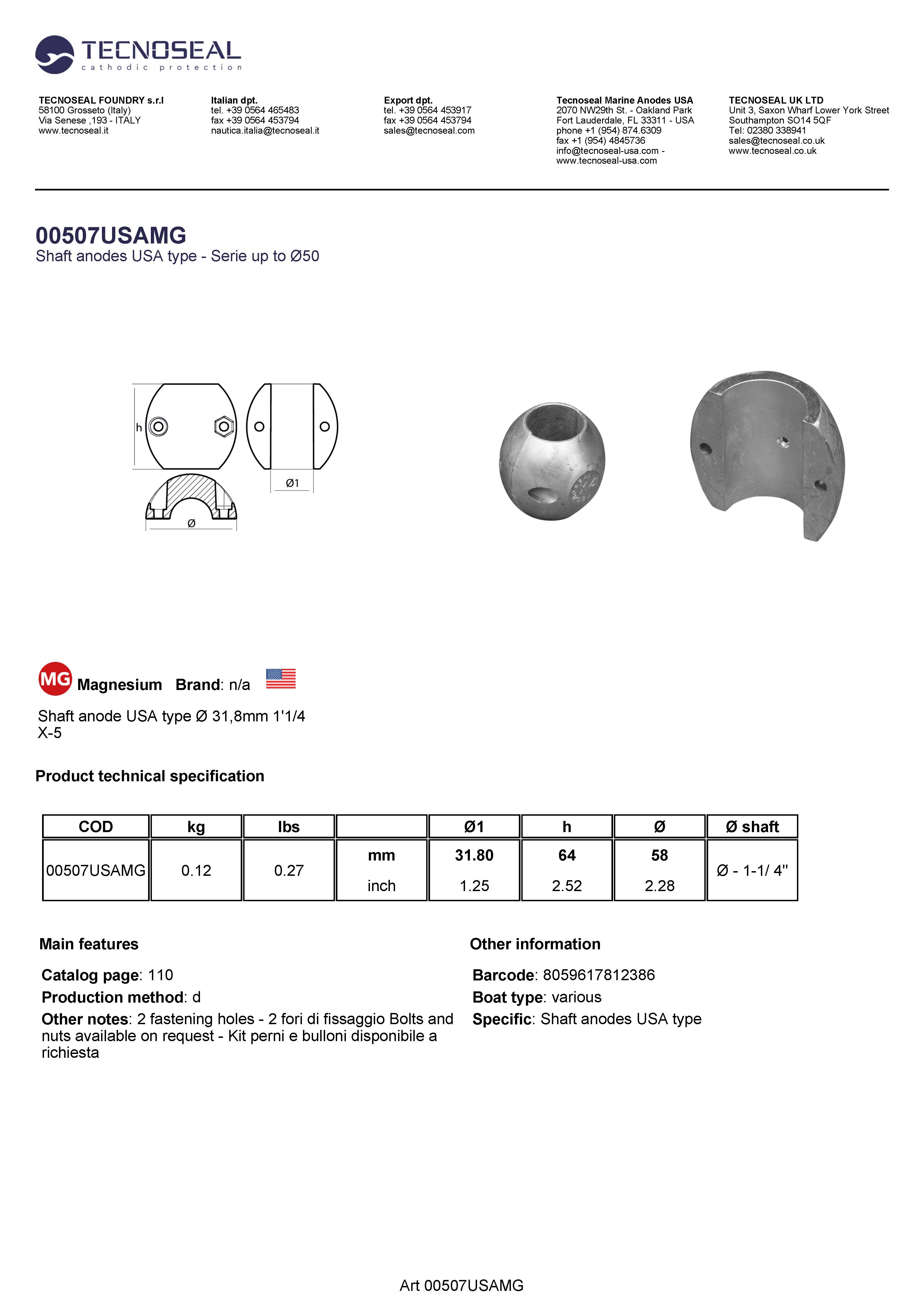 Shaft anode USA type &Oslash;  31,8mm   1'1/4 - 00507usamg - 00507USAMG