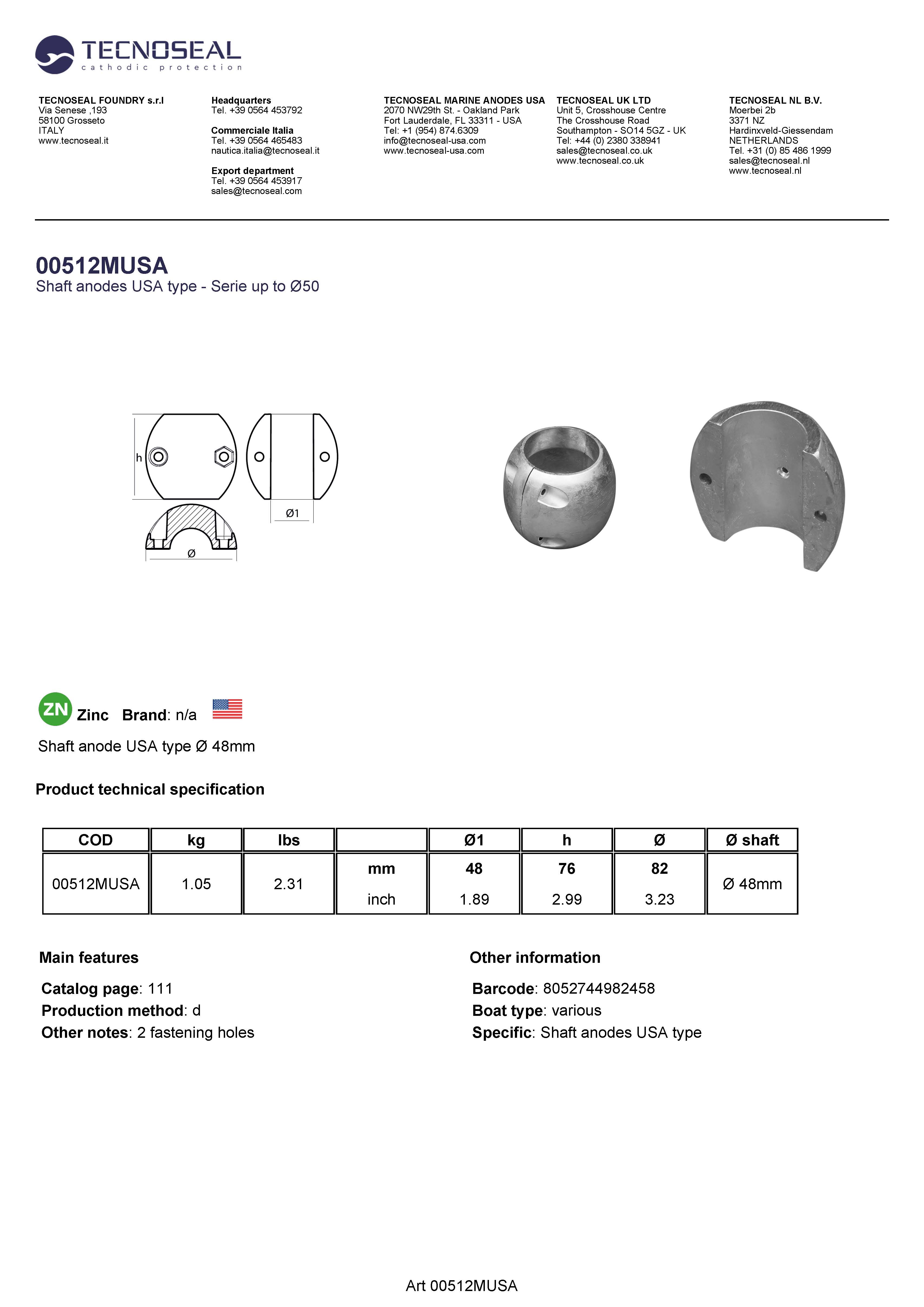 Shaft anode USA type &Oslash; 48mm - 00512musa 1 - 00512MUSA