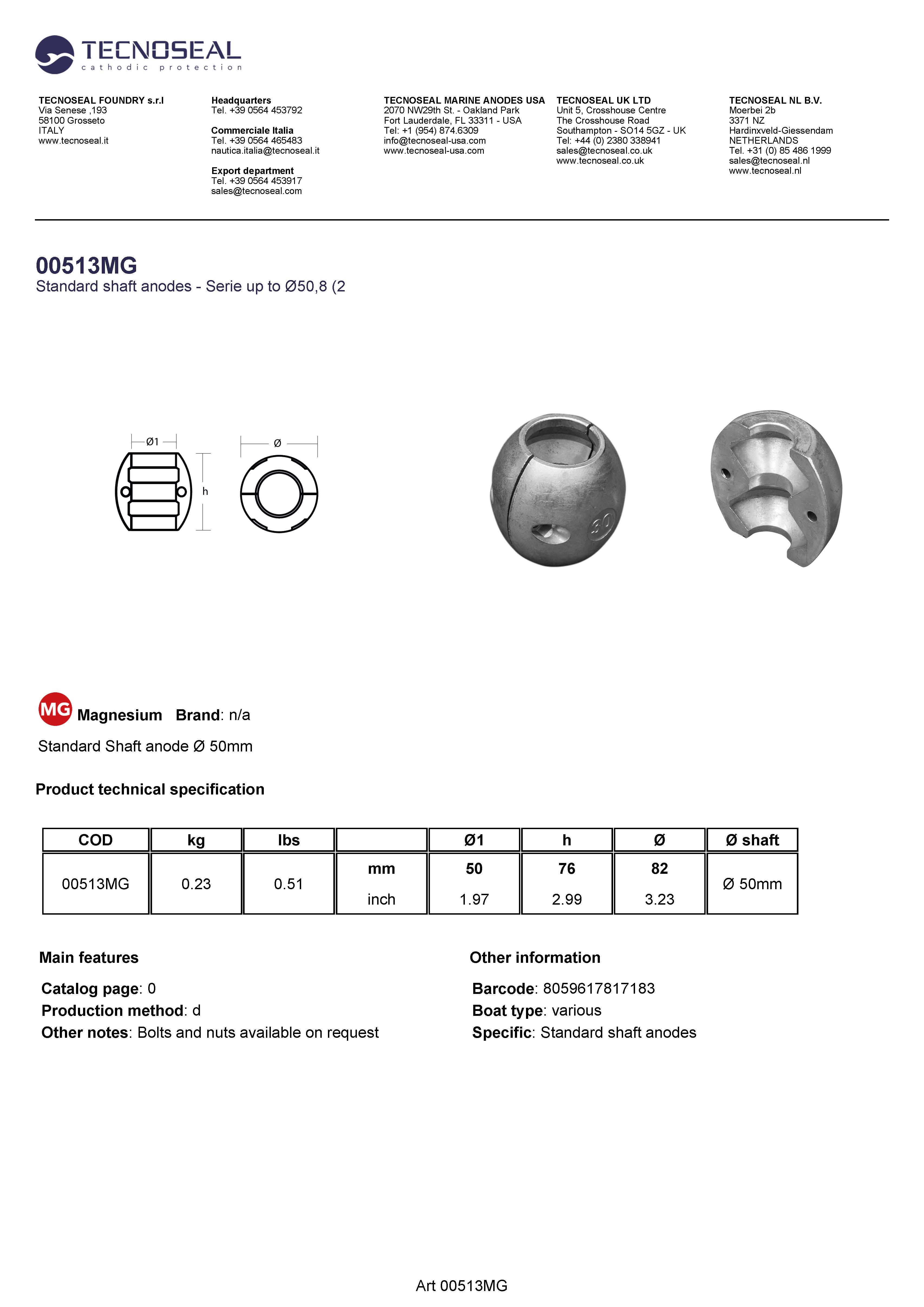 Shaft anode &Oslash; 50mm - 00513mg - 00513MG