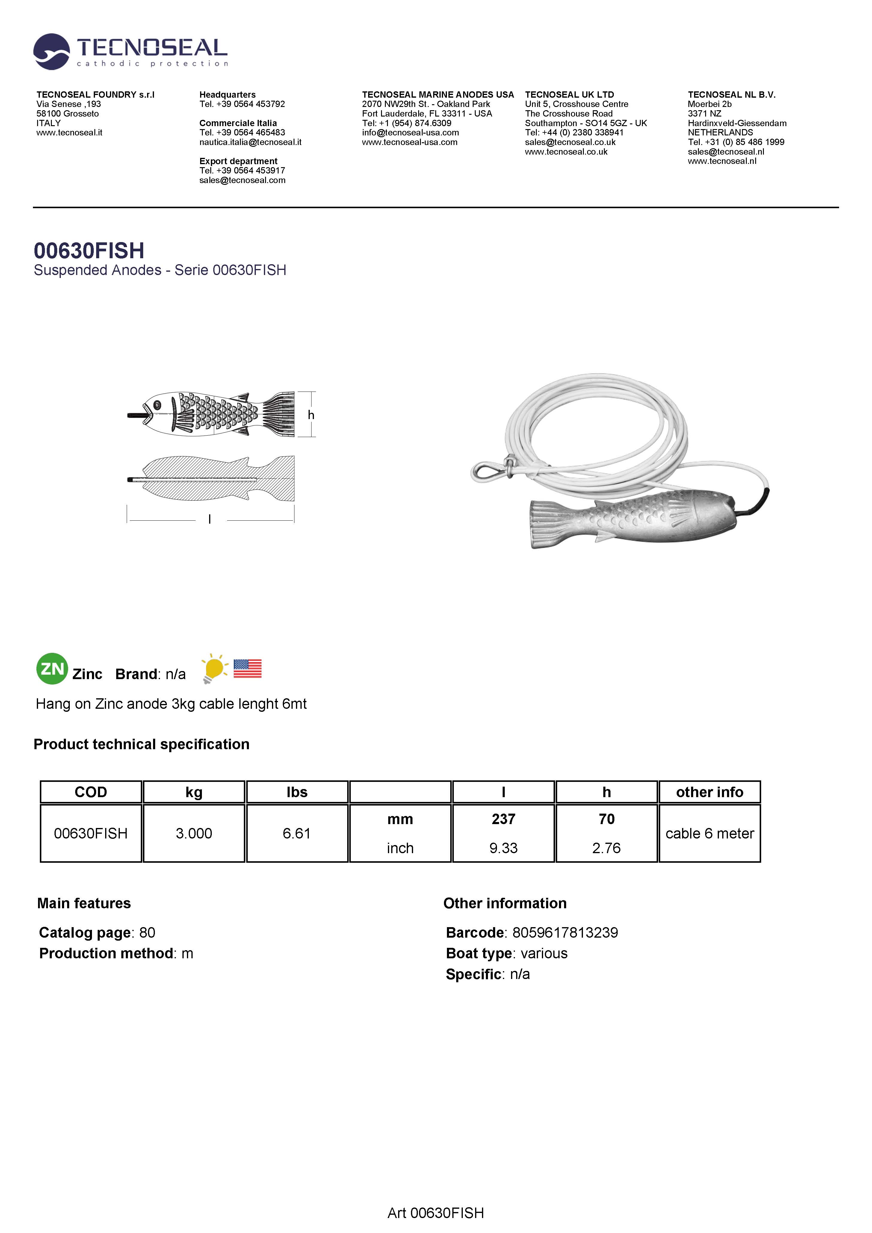 Hang on Zinc anode 3kg cable lenght 6mt - 00630fish 1 - 00630FISH