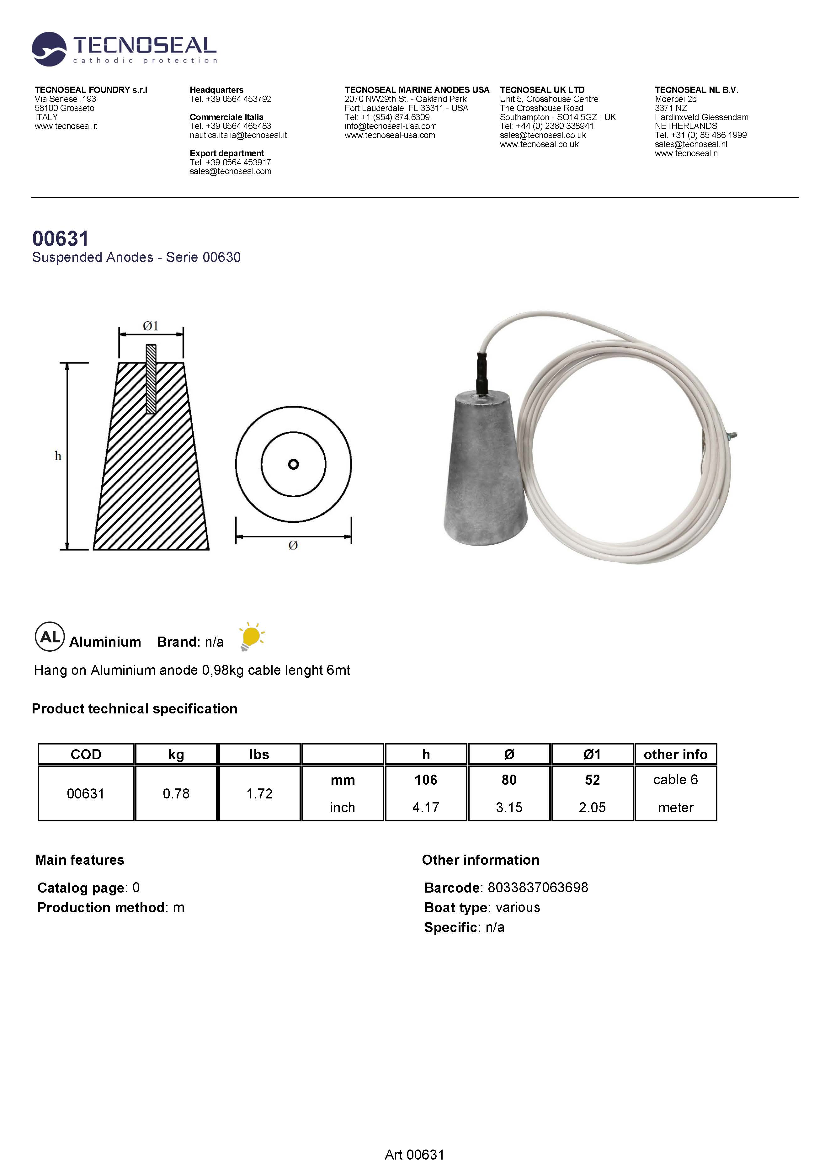 Hang on Aluminium anode 0,98kg cable lenght 6mt - 00631 - 00631