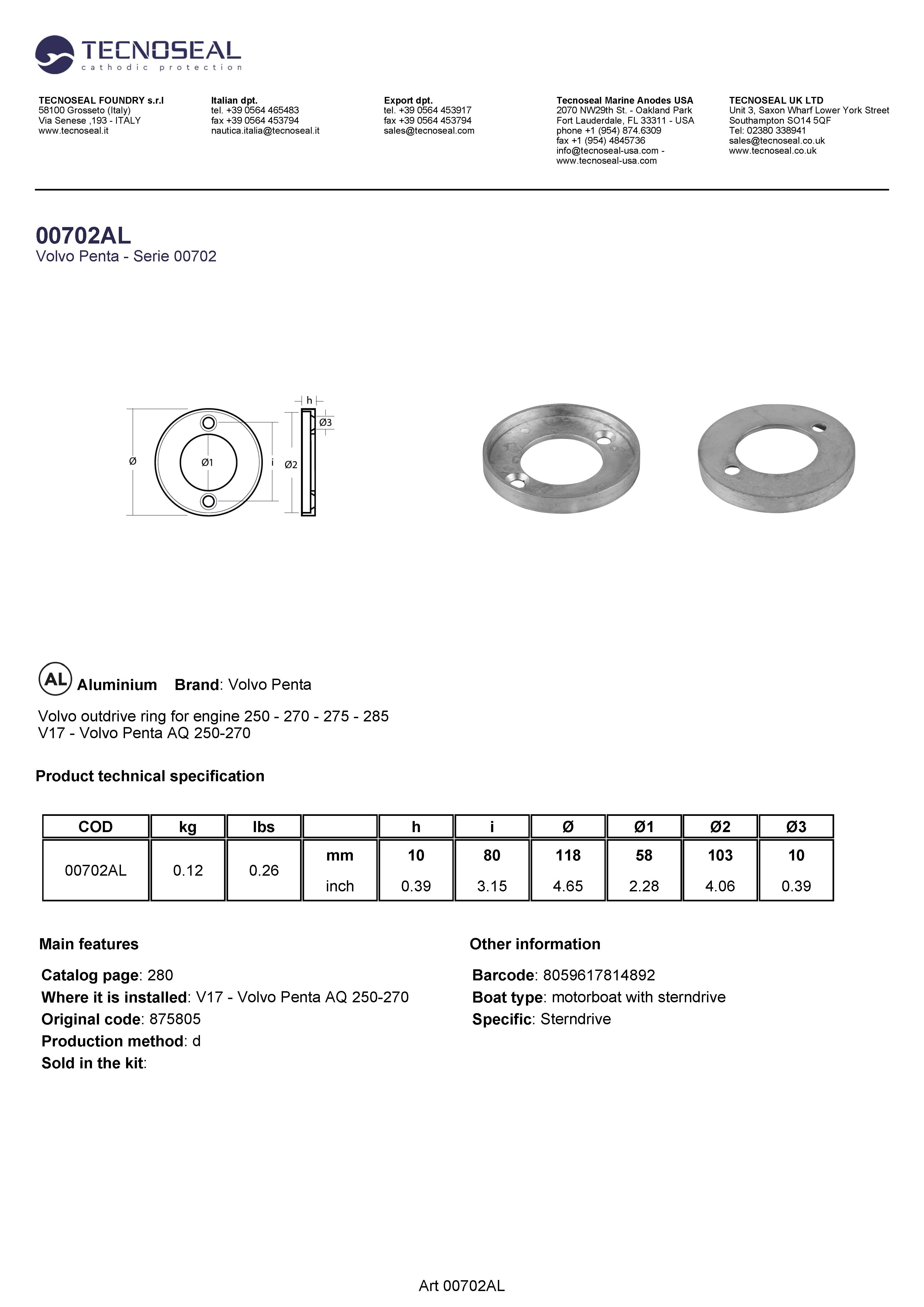 Volvo outdrive ring for engine 250 - 270 - 275 - 285 - 00702al - 00702AL
