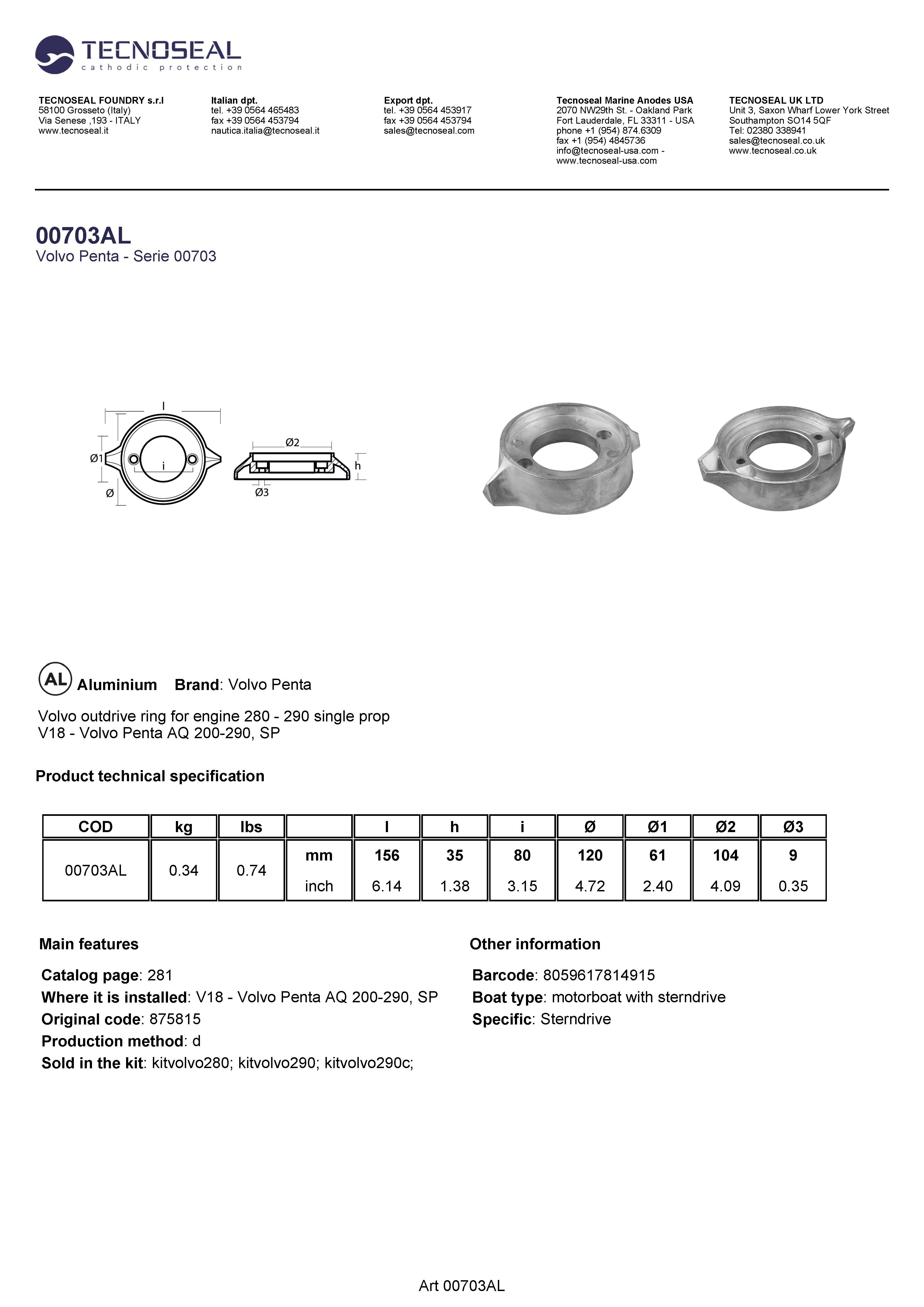 Volvo outdrive ring for engine 280 - 290 single prop - 00703al - 00703AL