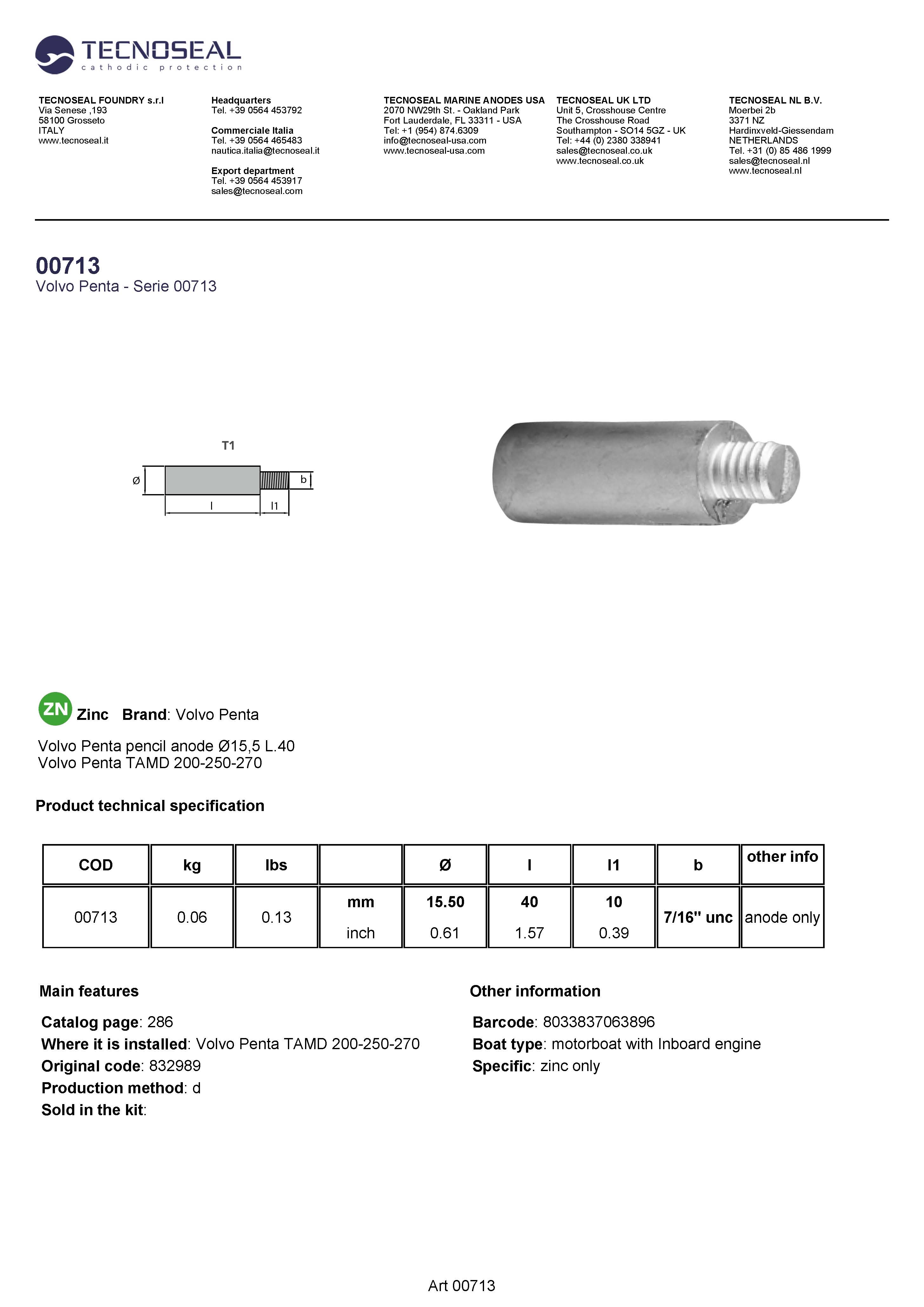 Volvo Penta pencil anode &Oslash;15,5 L.40 - 00713 1 - 00713