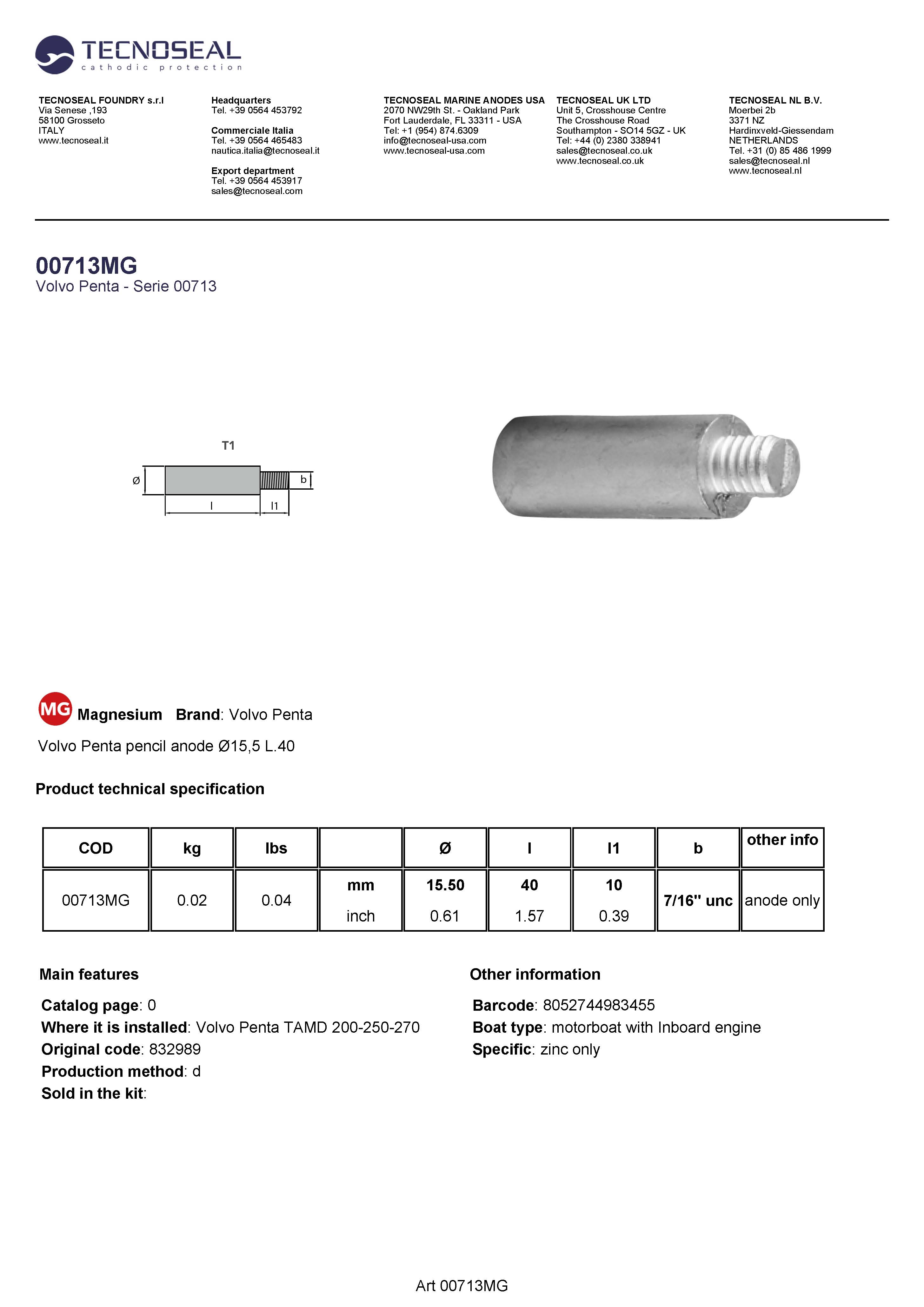 Volvo Penta pencil anode &Oslash;15,5 L.40 - 00713mg - 00713MG