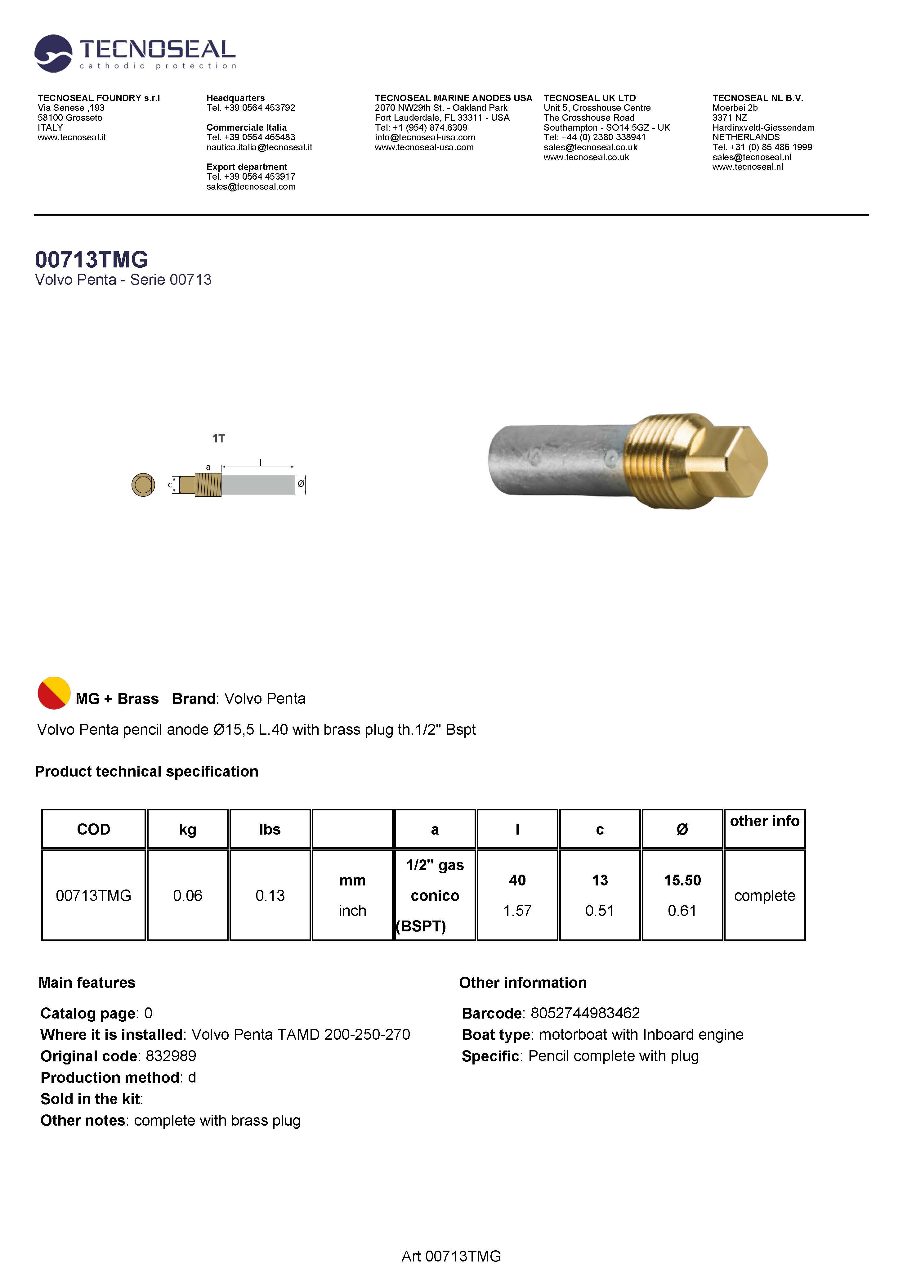Volvo Penta pencil anode &Oslash;15,5 L.40  plug th.1/2'' Bspt - 00713tmg - 00713TMG