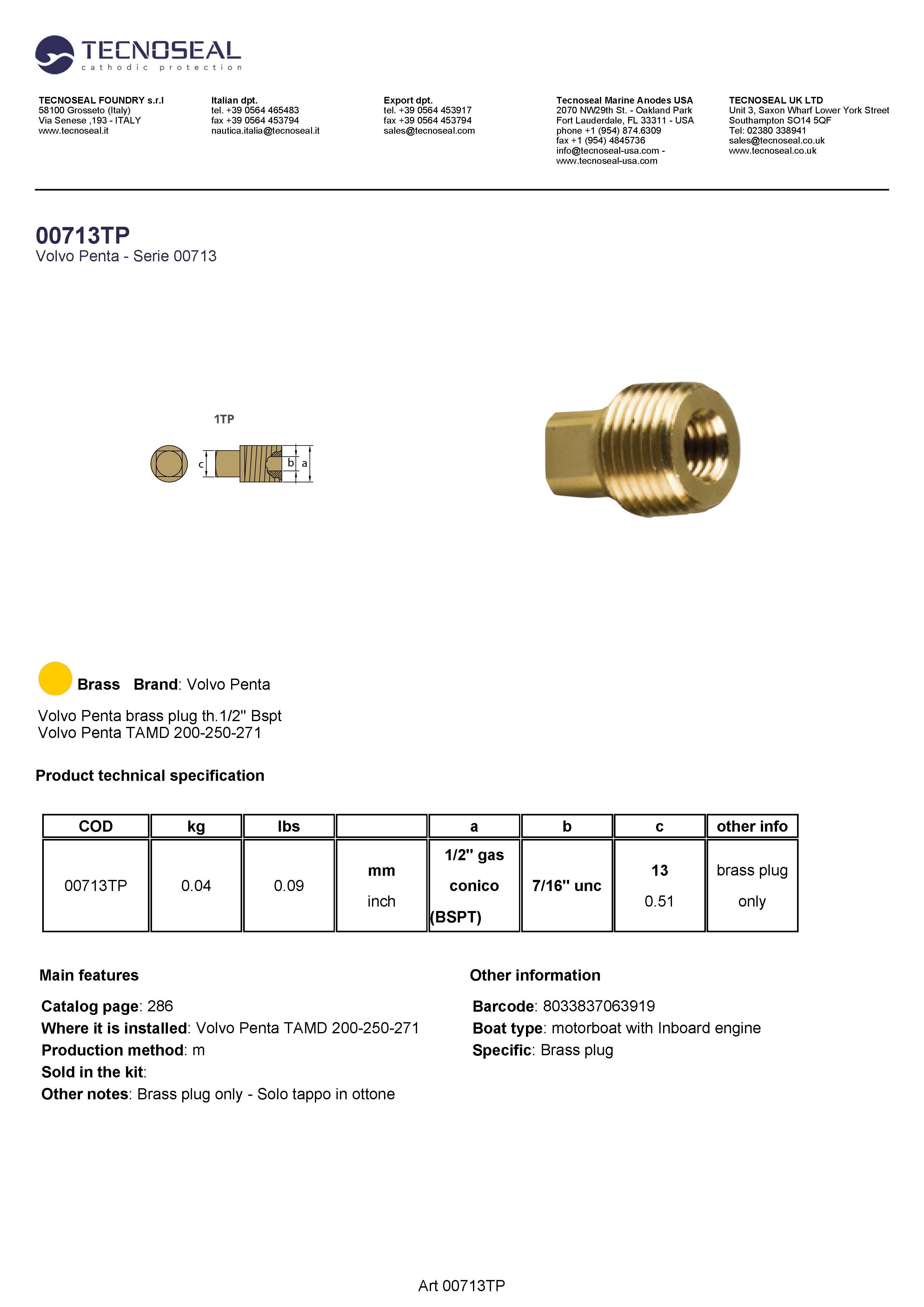 Volvo Penta brass plug th.1/2'' Bspt - 00713tp 1 - 00713TP