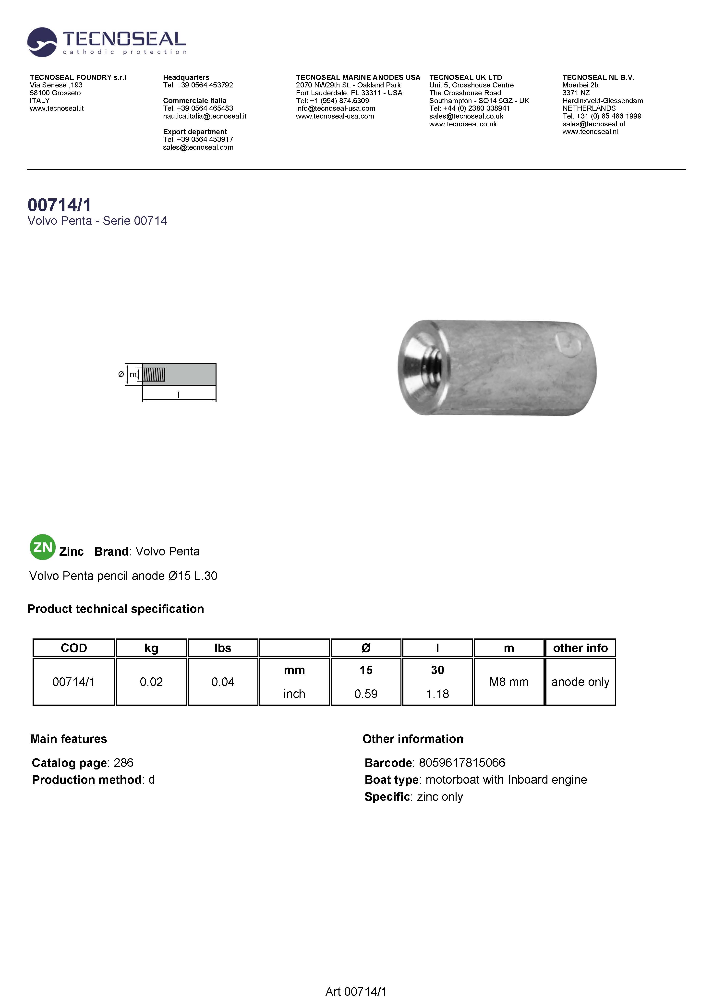 Volvo Penta pencil anode &Oslash;15 L.30 - 00714 2 - 00714-1