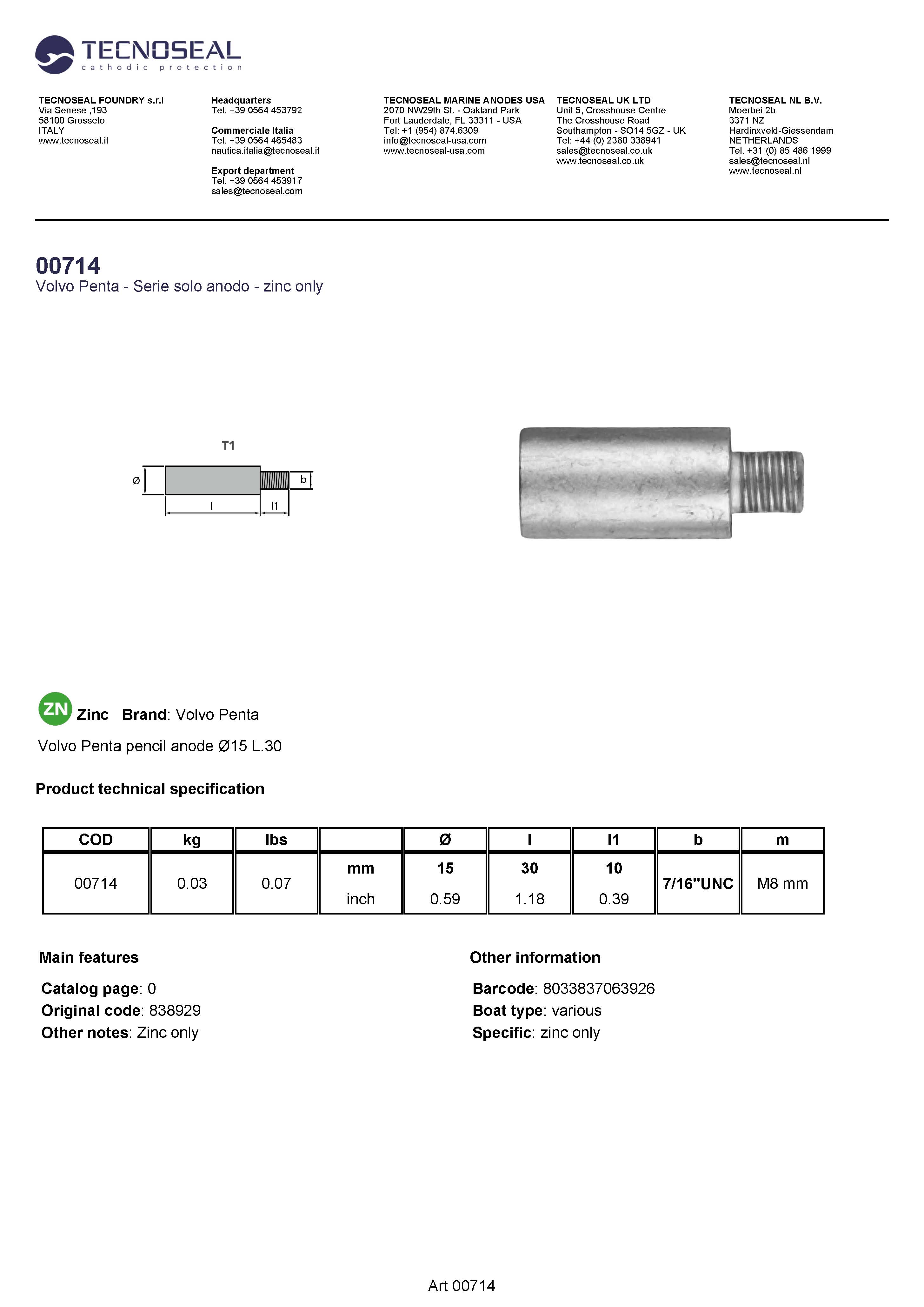 Volvo Penta pencil anode &Oslash;15 L.30 - 00714 4 - 00714