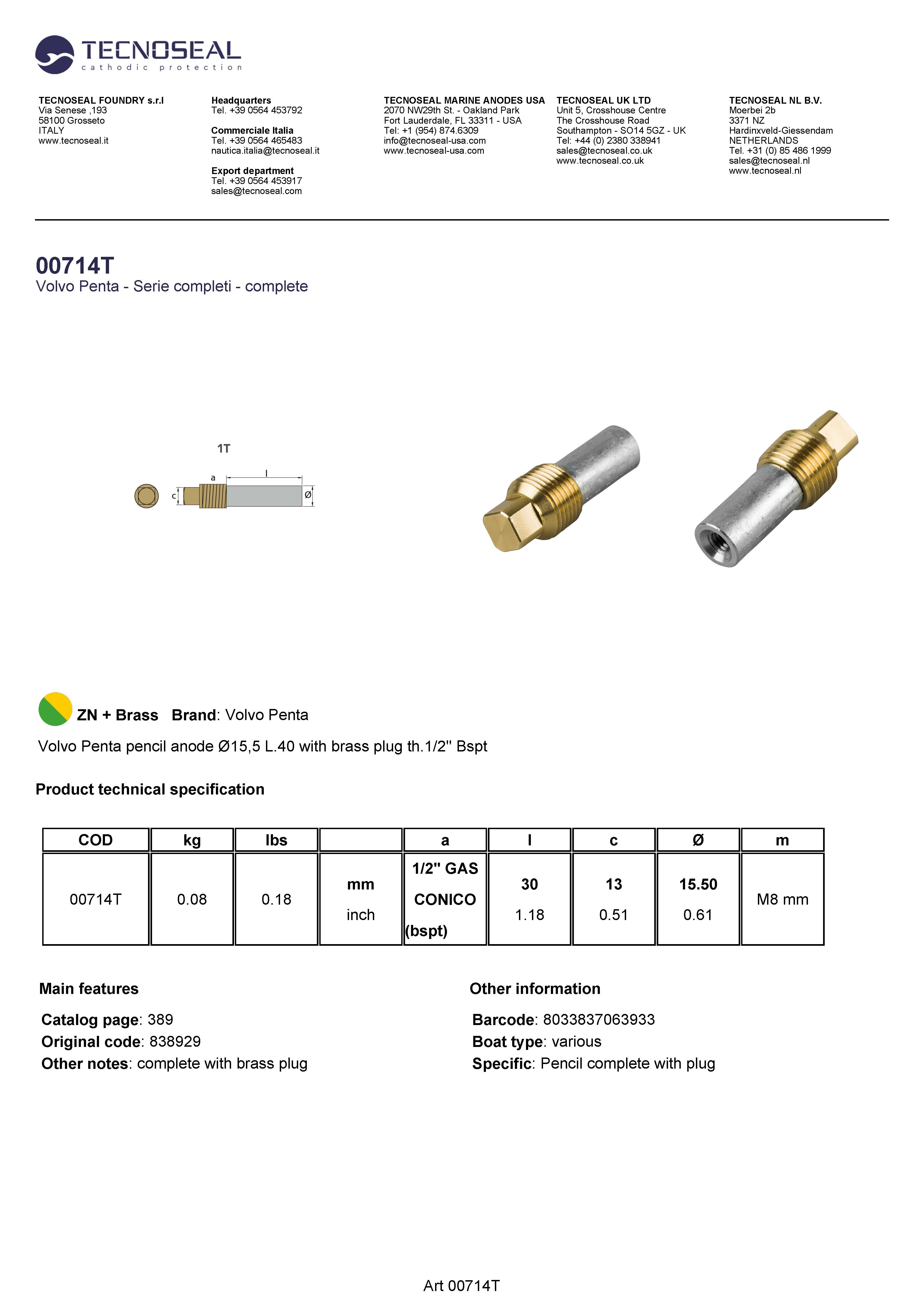 Volvo Penta pencil anode &Oslash;15,5 L.40  plug th.1/2'' Bspt - 00714t - 00714T