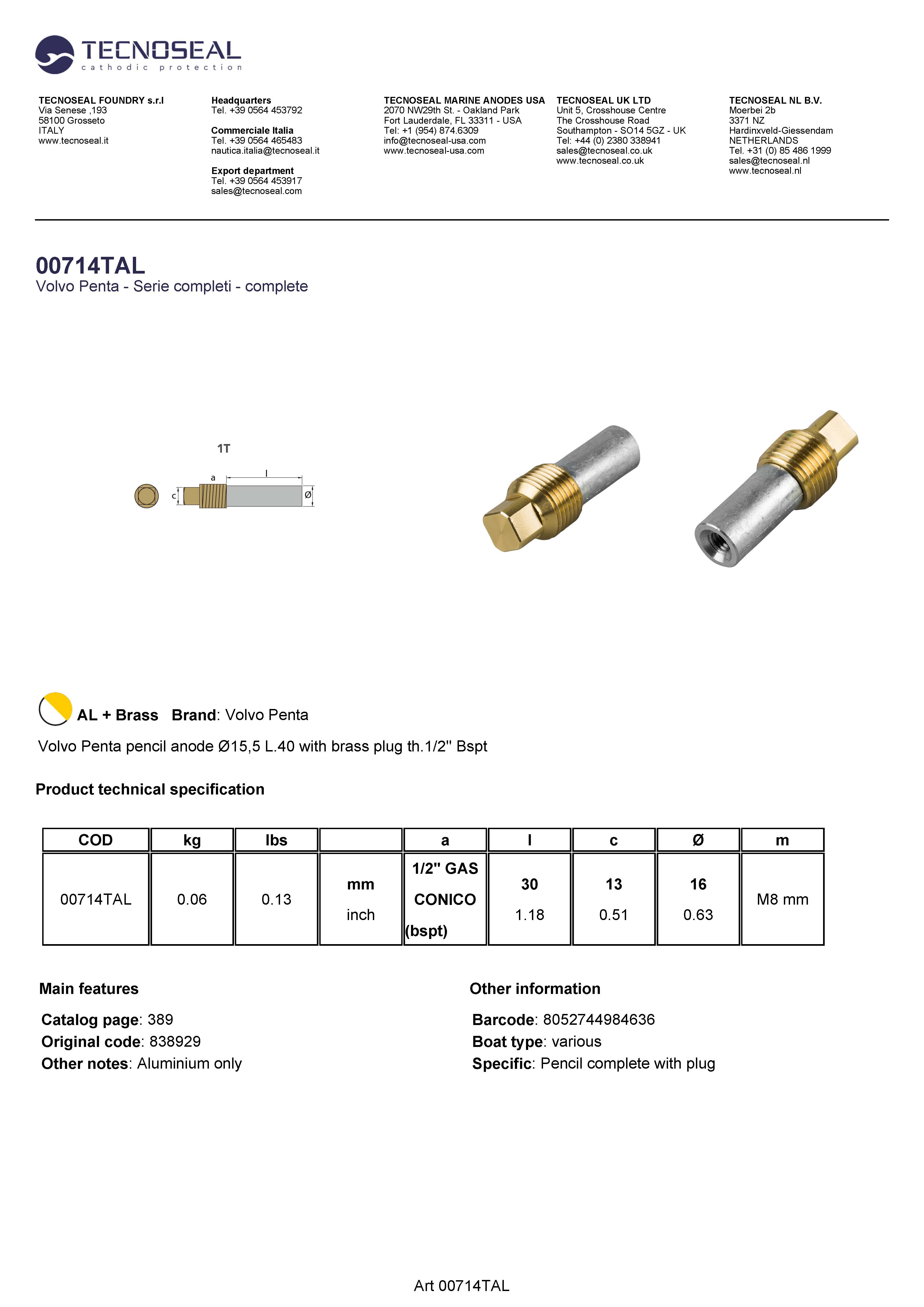 Volvo Penta pencil anode &Oslash;15,5 L.40  plug th.1/2'' Bspt - 00714tal - 00714TAL