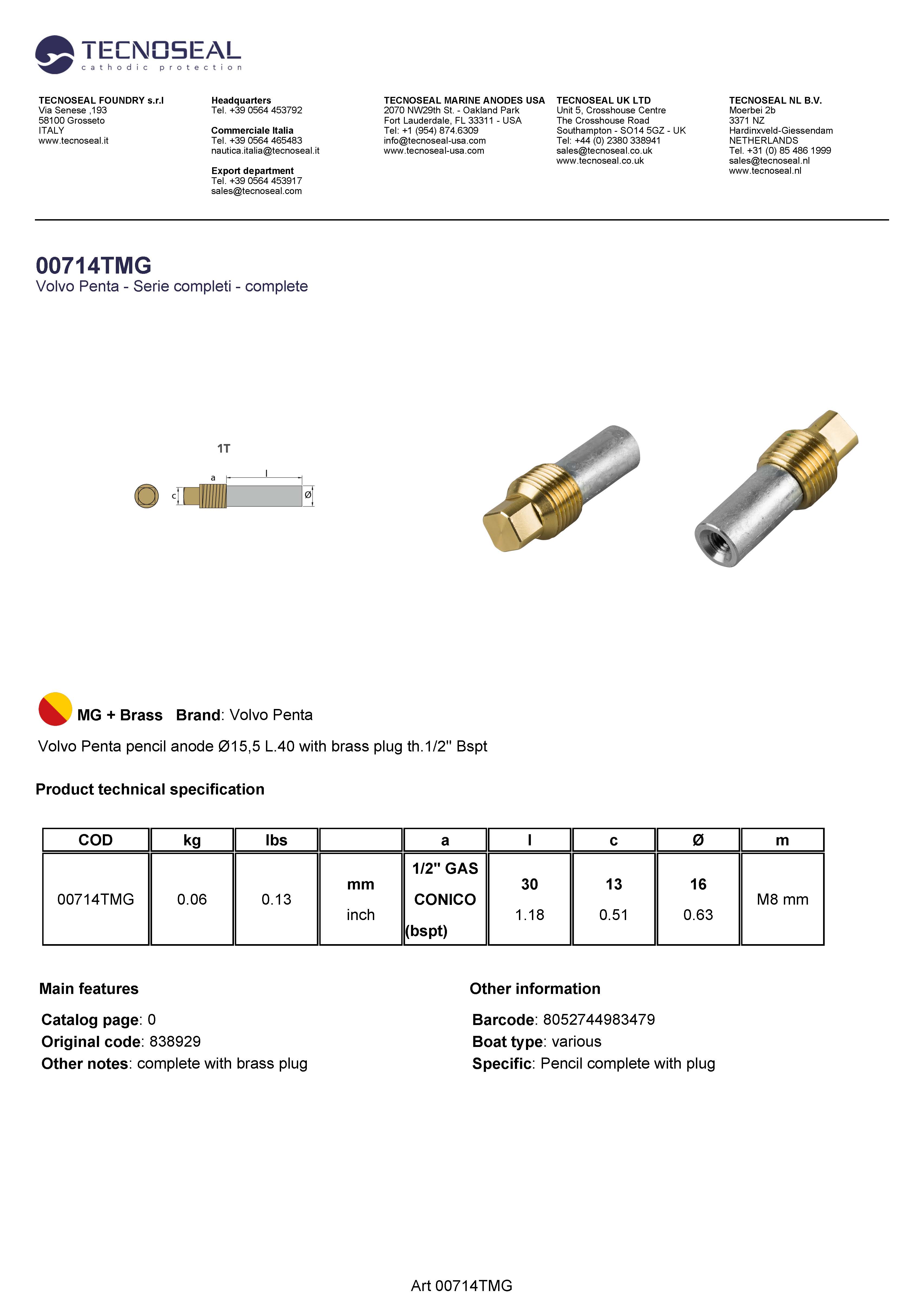 Volvo Penta pencil anode &Oslash;15,5 L.40  plug th.1/2'' Bspt - 00714tmg - 00714TMG