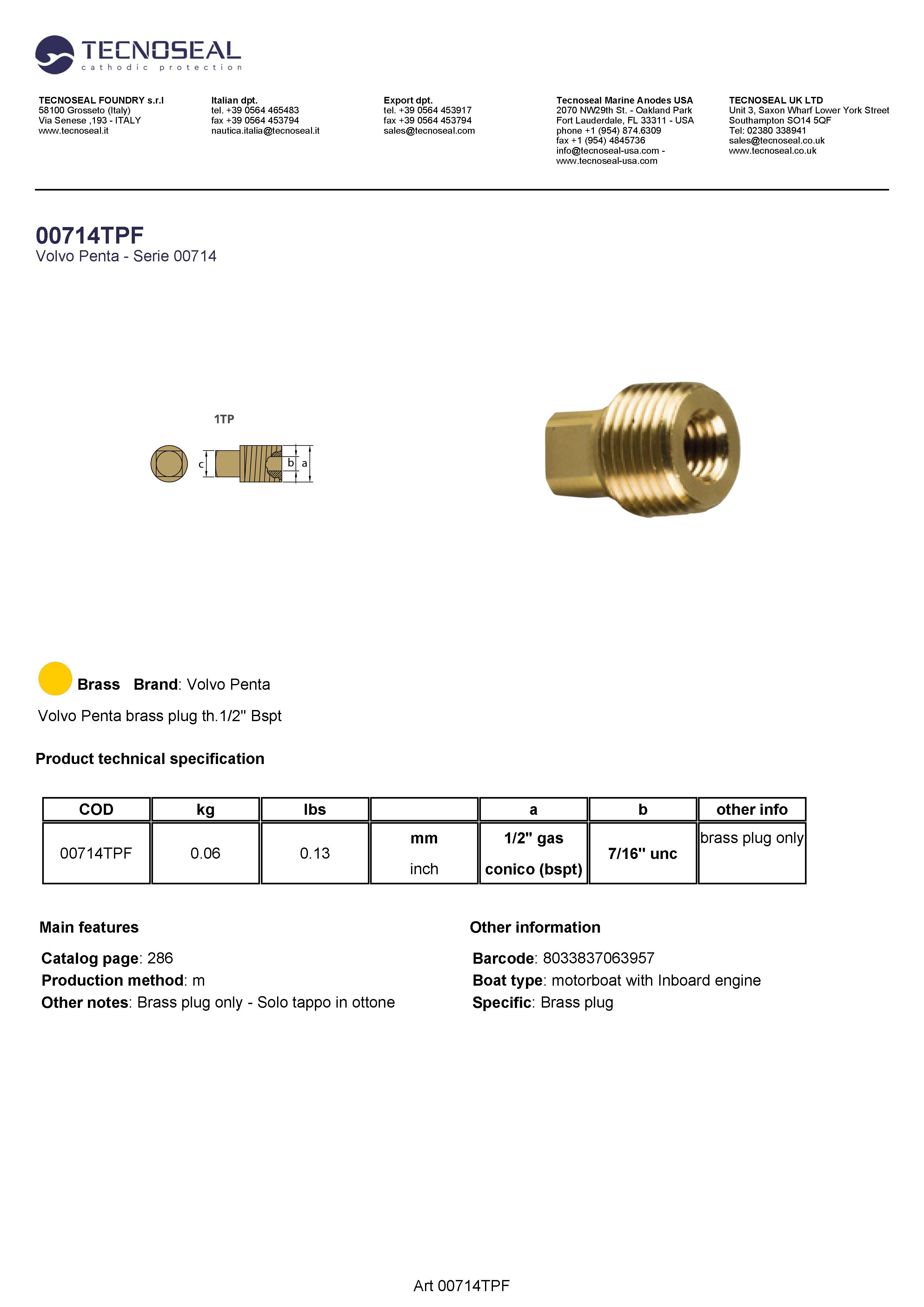 Volvo Penta brass plug th.1/2'' Bspt - 00714tpf 1 - 00714TPF