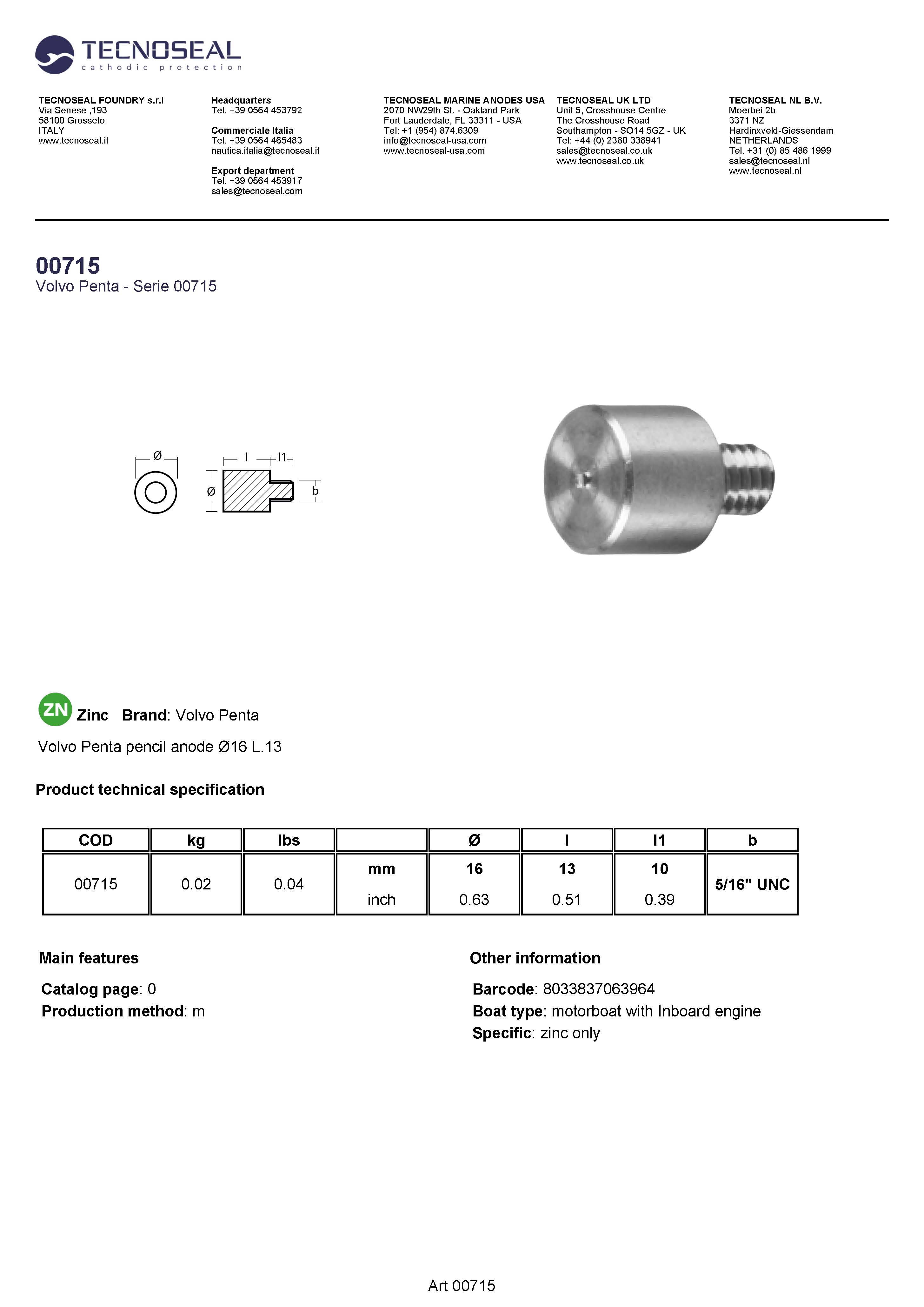 Volvo Penta pencil anode &Oslash;16 L.13 - 00715 1 - 00715
