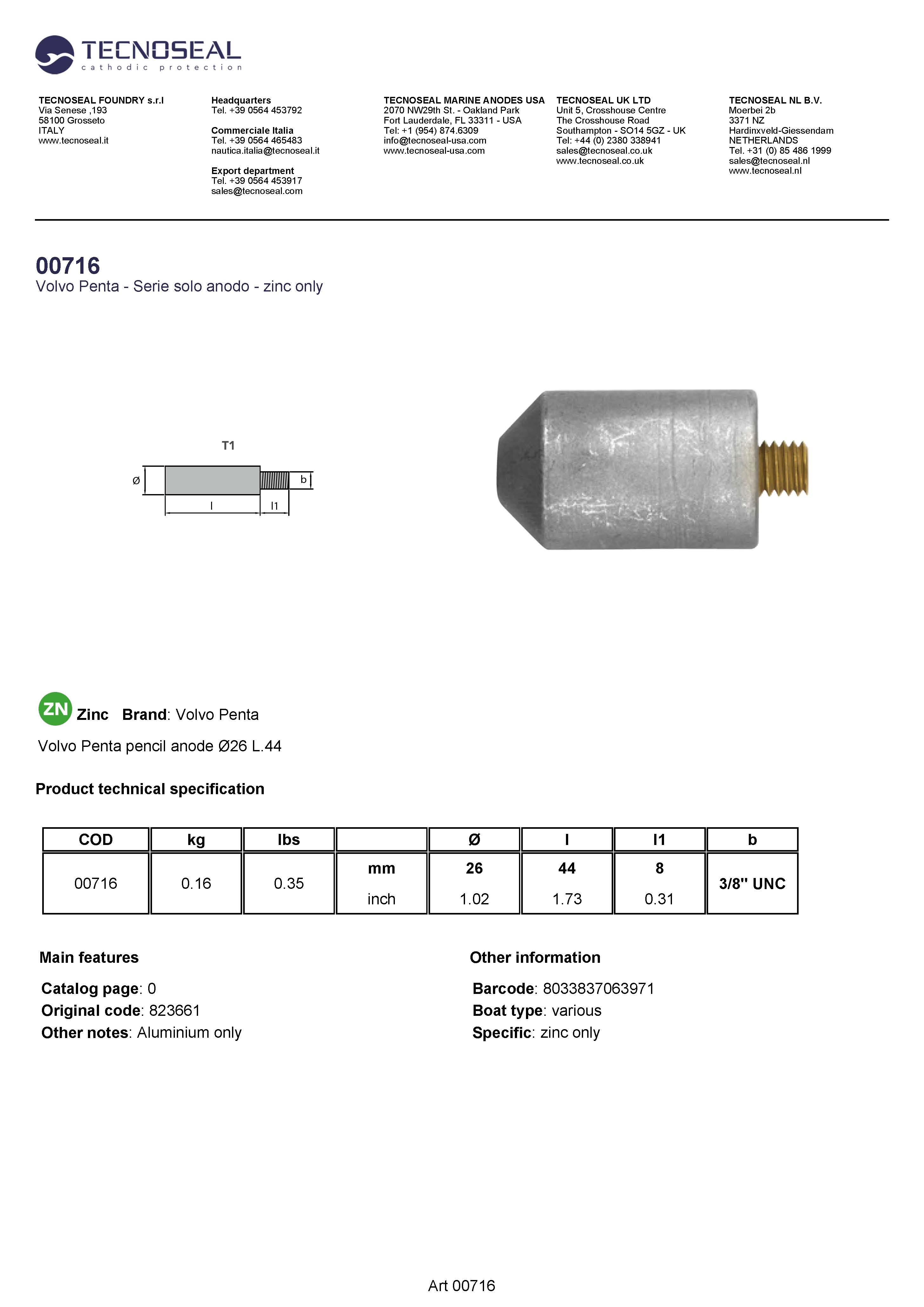 Volvo Penta pencil anode &Oslash;26 L.44 - 00716 1 - 00716