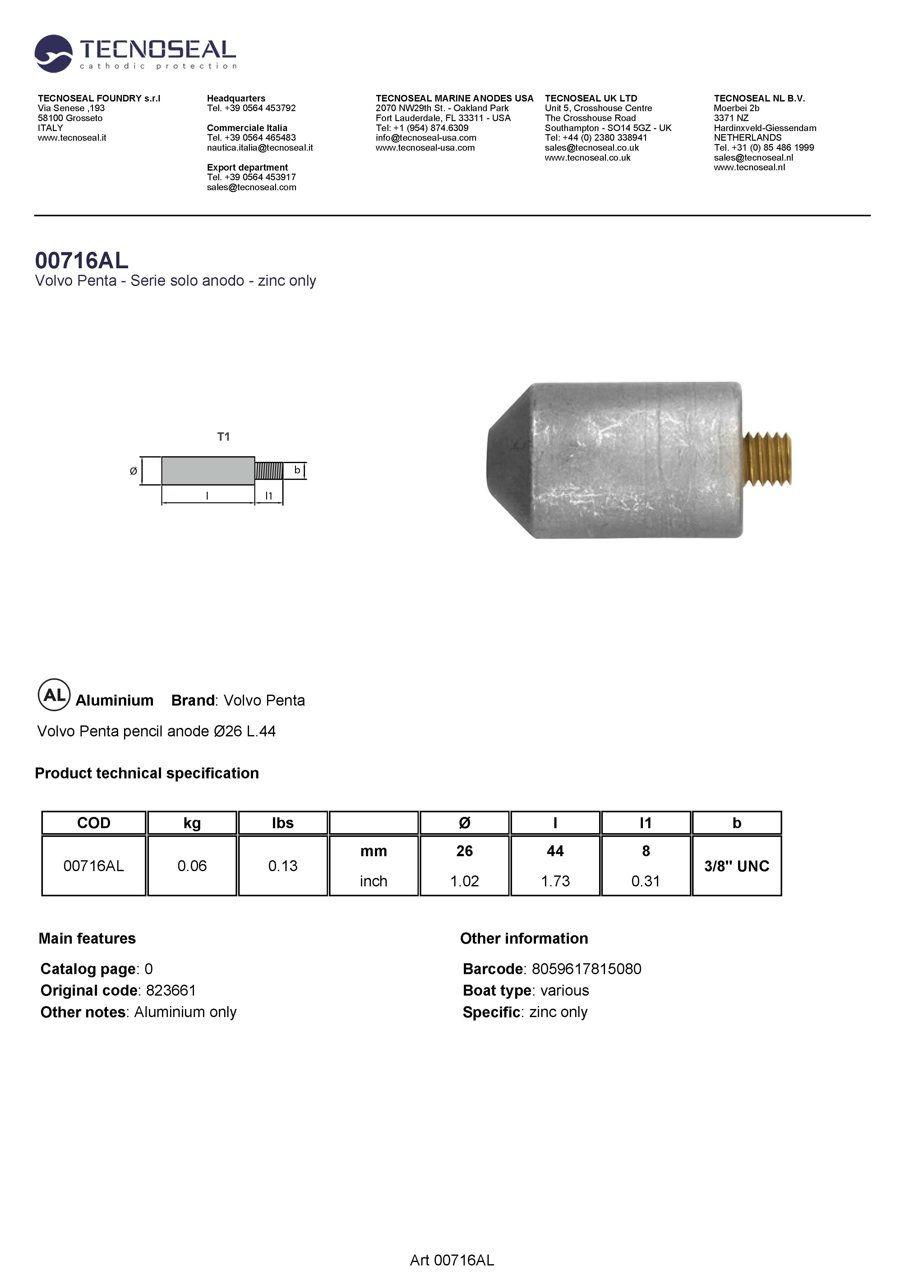 Volvo Penta pencil anode &Oslash;26 L.44 - 00716al - 00716AL