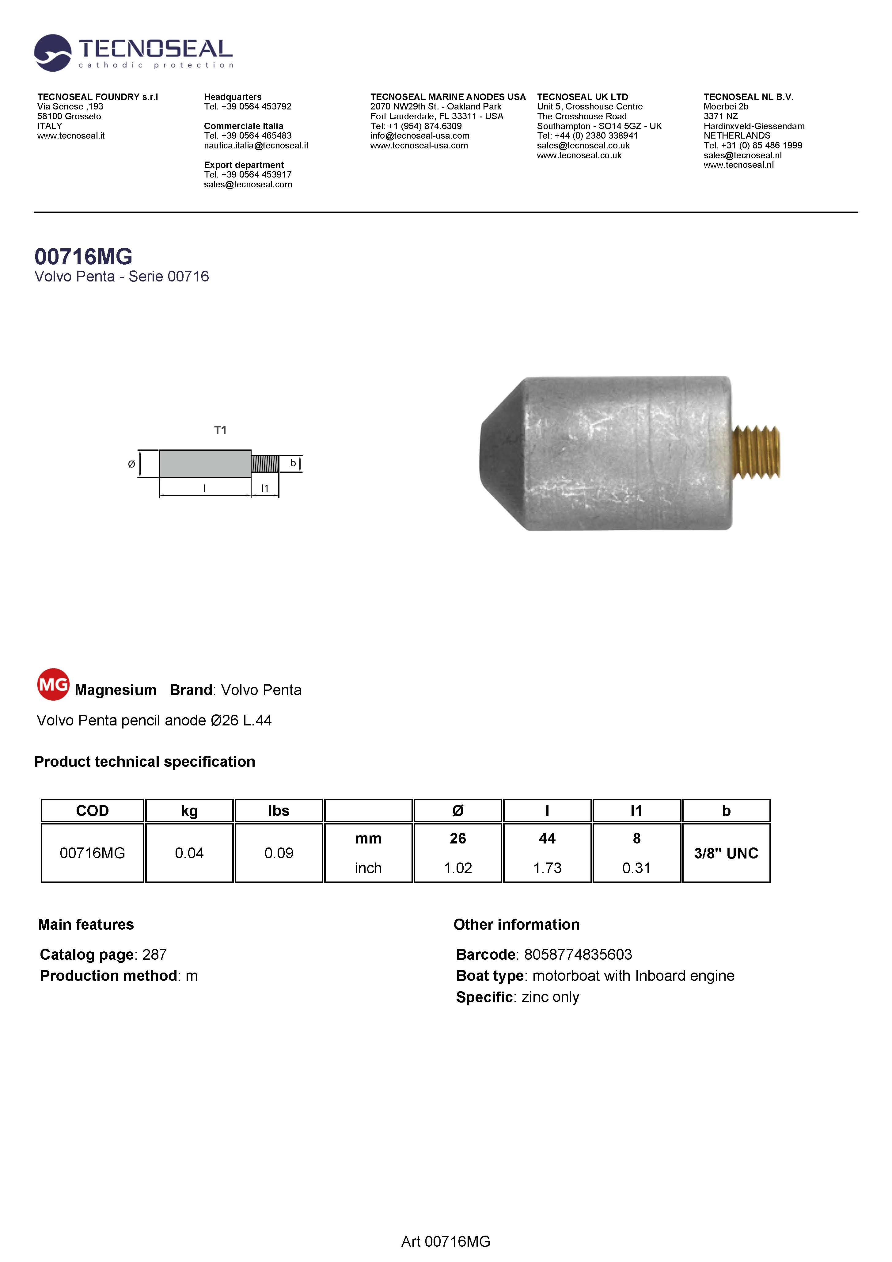 Volvo Penta pencil anode &Oslash;26 L.44 - 00716mg - 00716MG