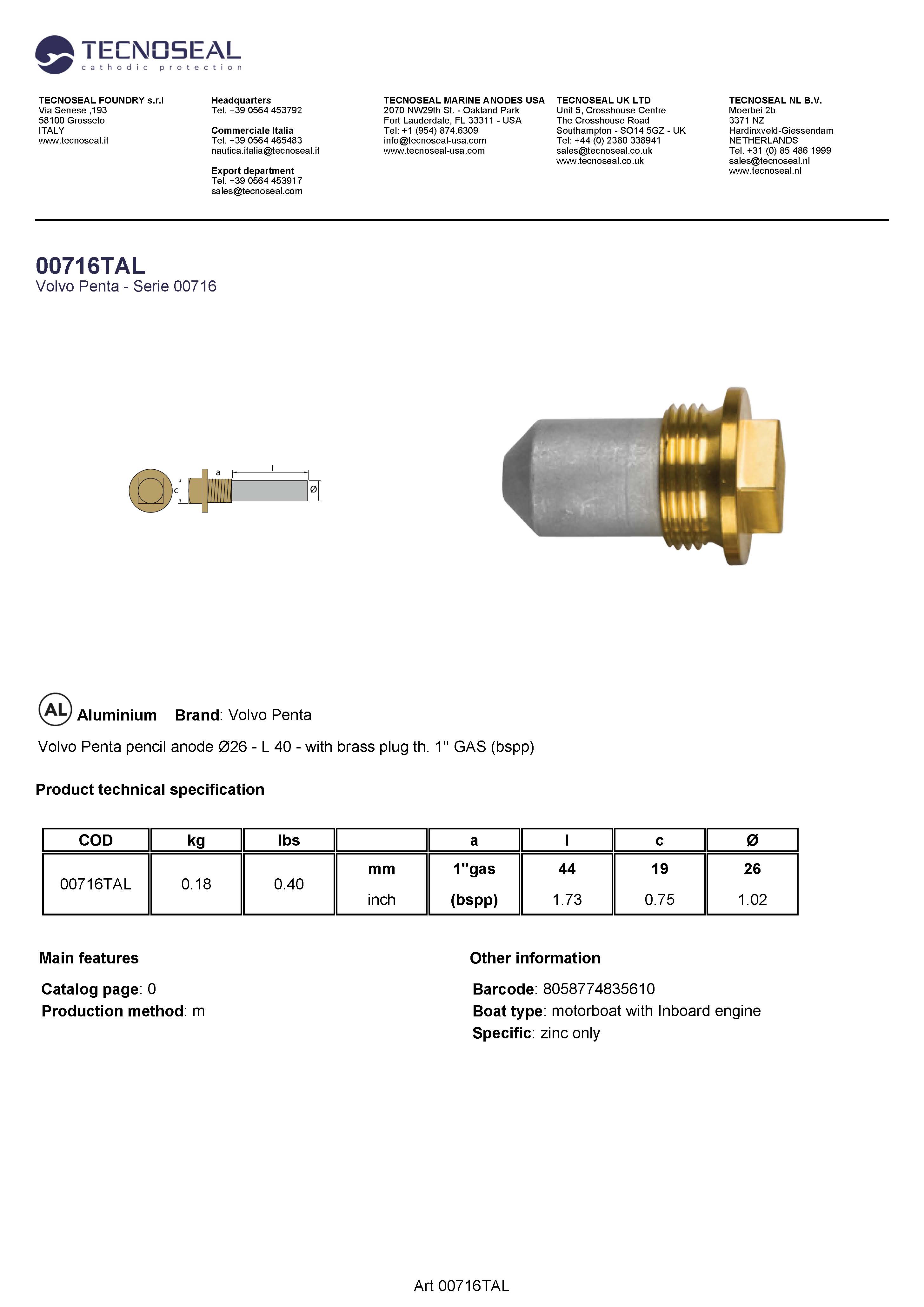 Volvo Penta pencil anode &Oslash;15,5 L.40  plugth.1'' Gas - 00716tal - 00716TAL