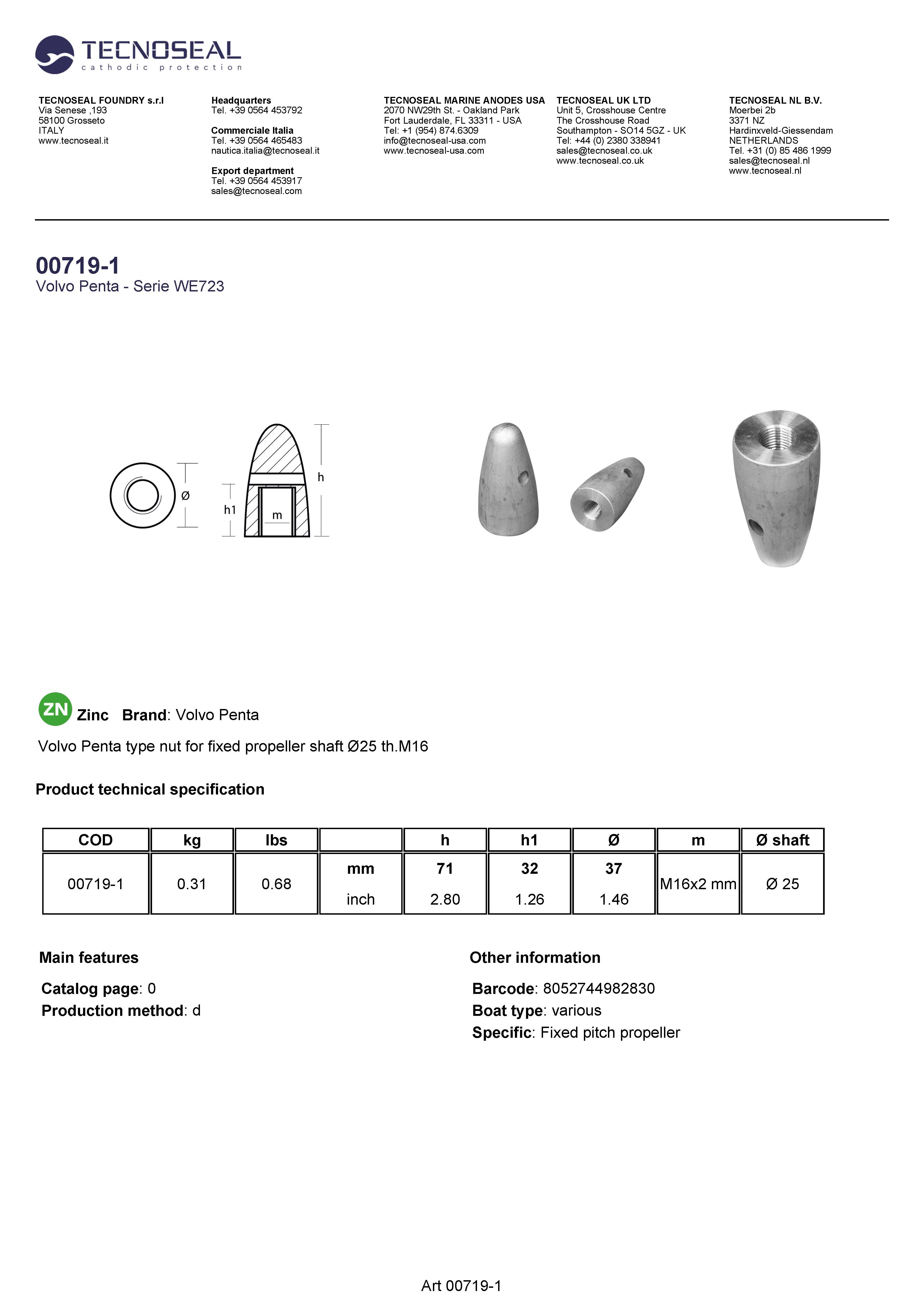 Volvo Penta type nut for fixed propeller shaft &Oslash;25  th.M16 - 00719 1 - 00719-1
