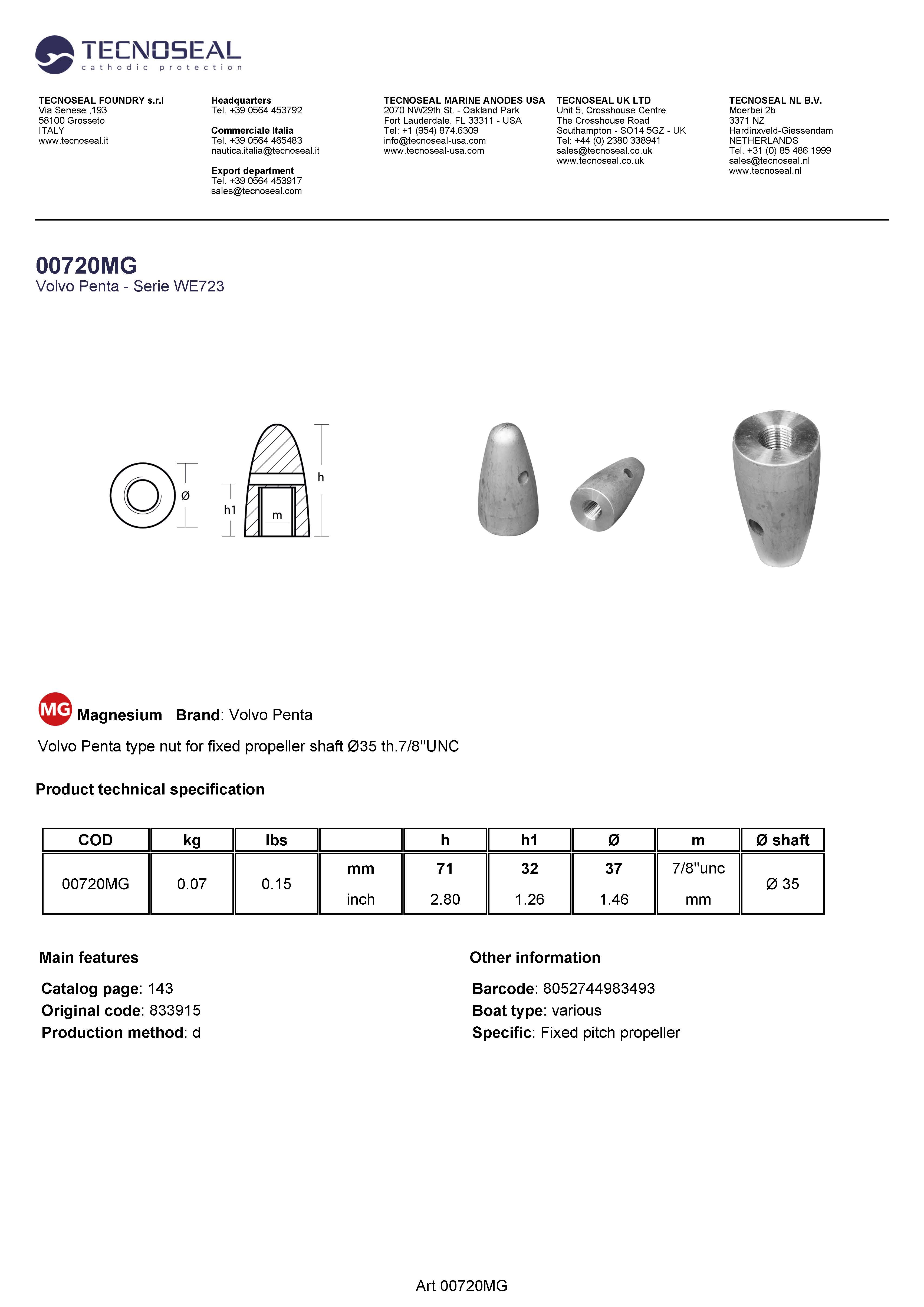 Volvo Penta type nut for fixed propeller &Oslash;35  th.7/8''UNC - 00720mg - 00720MG