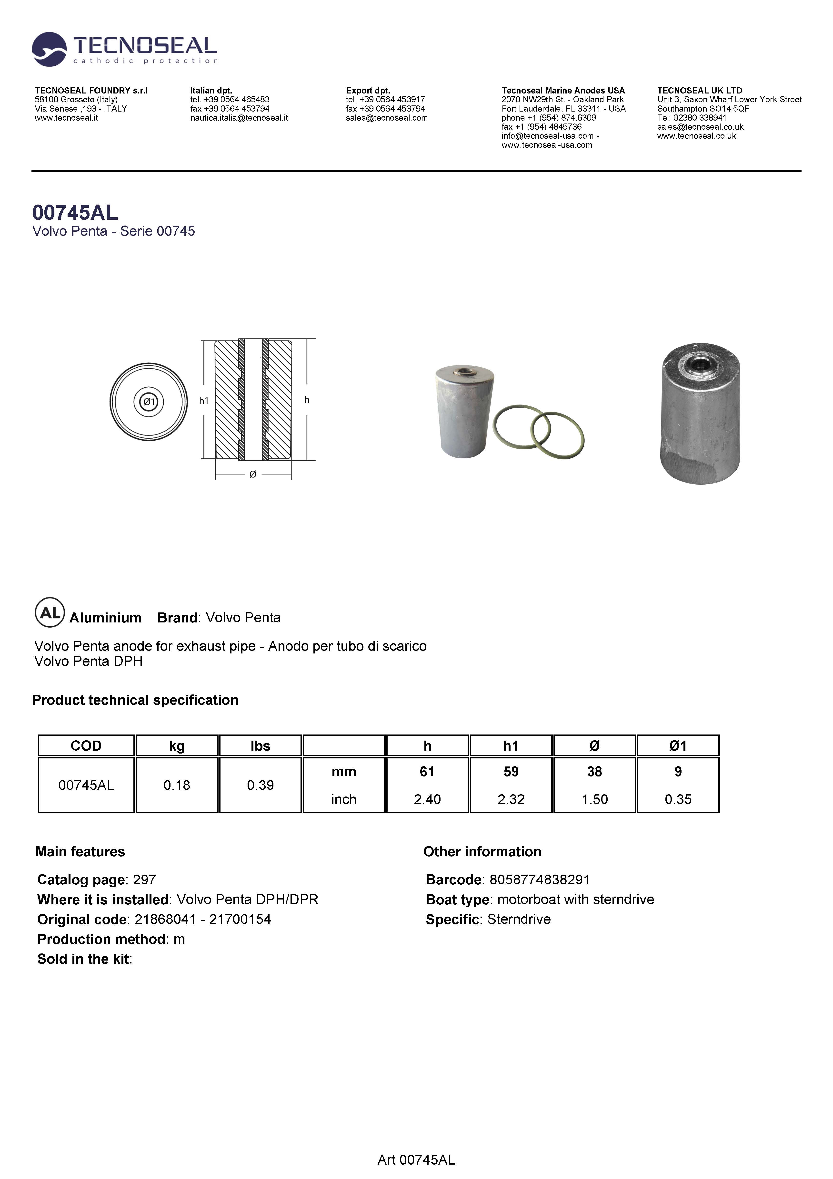 Volvo Penta anode exhaust pipe - Anodo per tubo di scarico - 00745al 1 - 00745AL