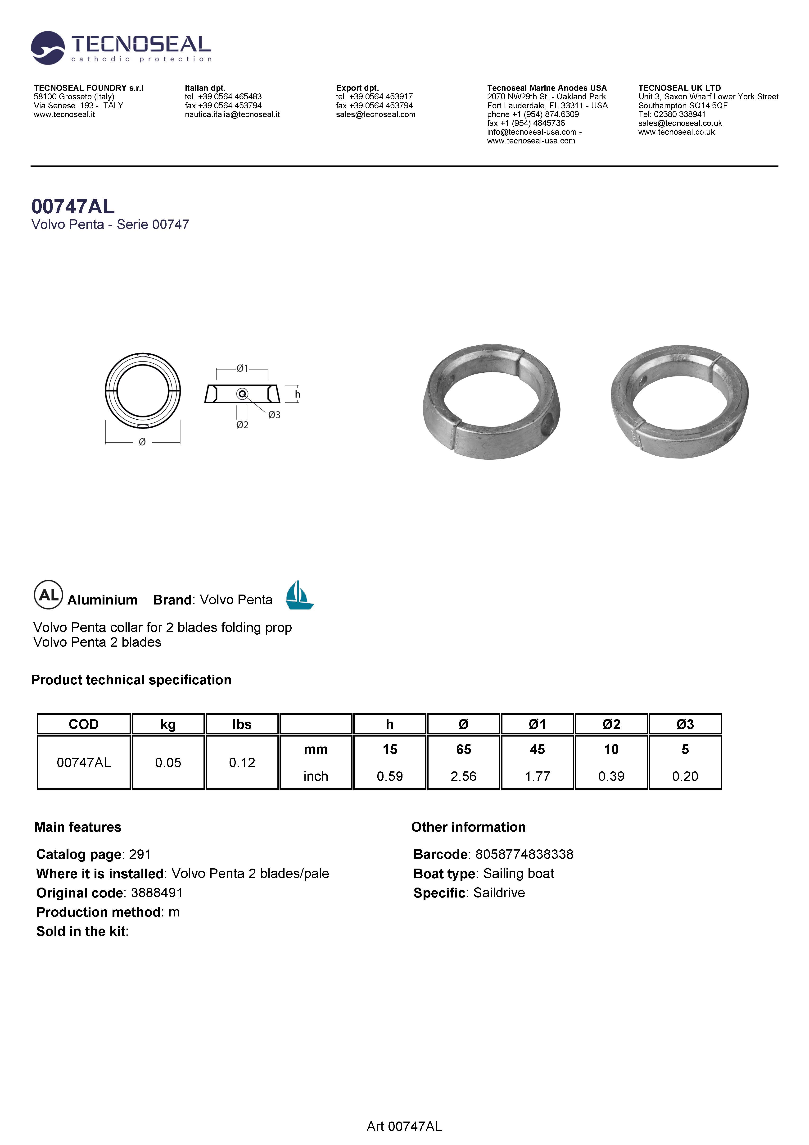 Volvo  Penta collar for folding propeller - 00747al - 00747AL