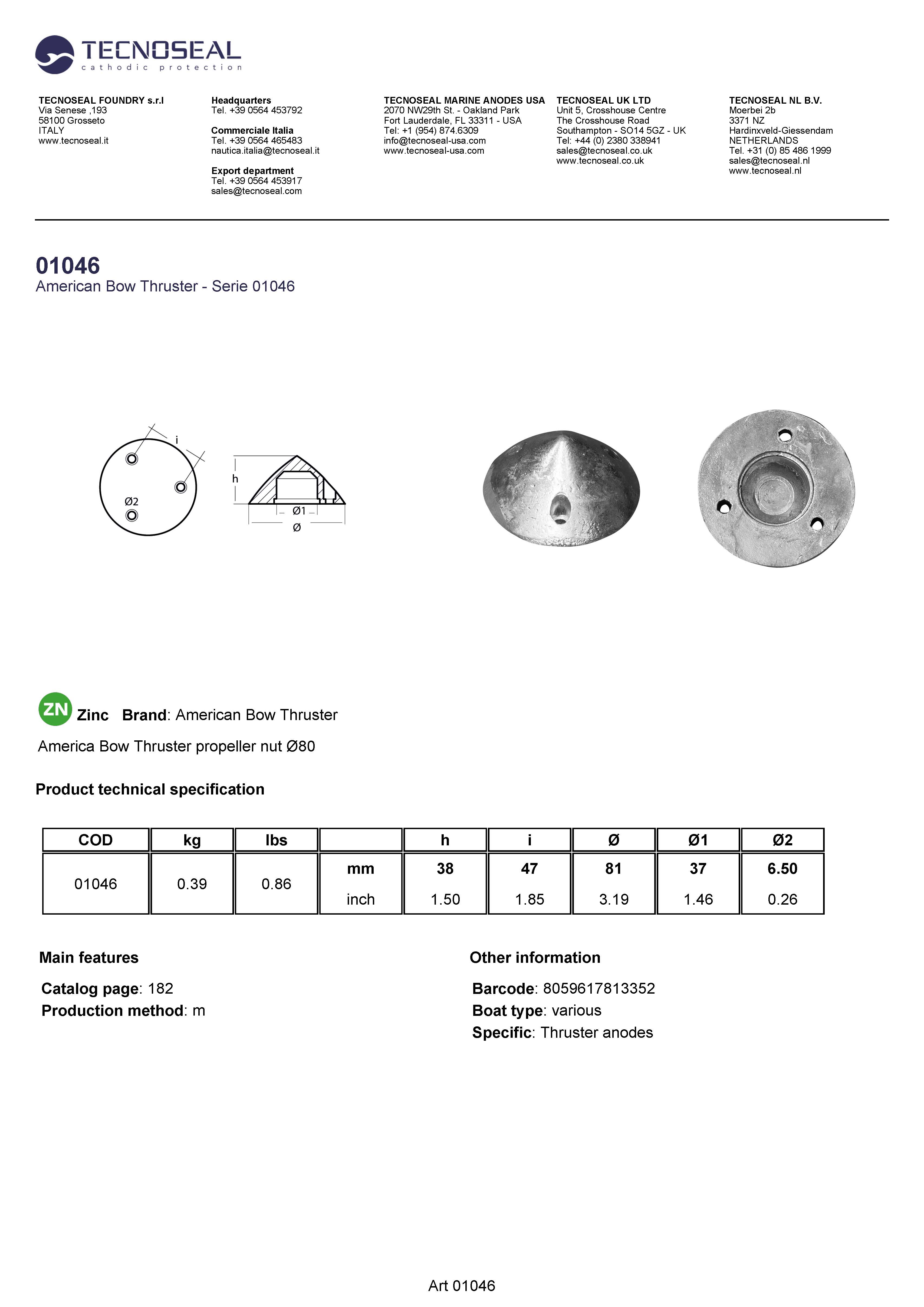 America Bow Thruster propeller nut &Oslash;80 - 01046 1 - 01046