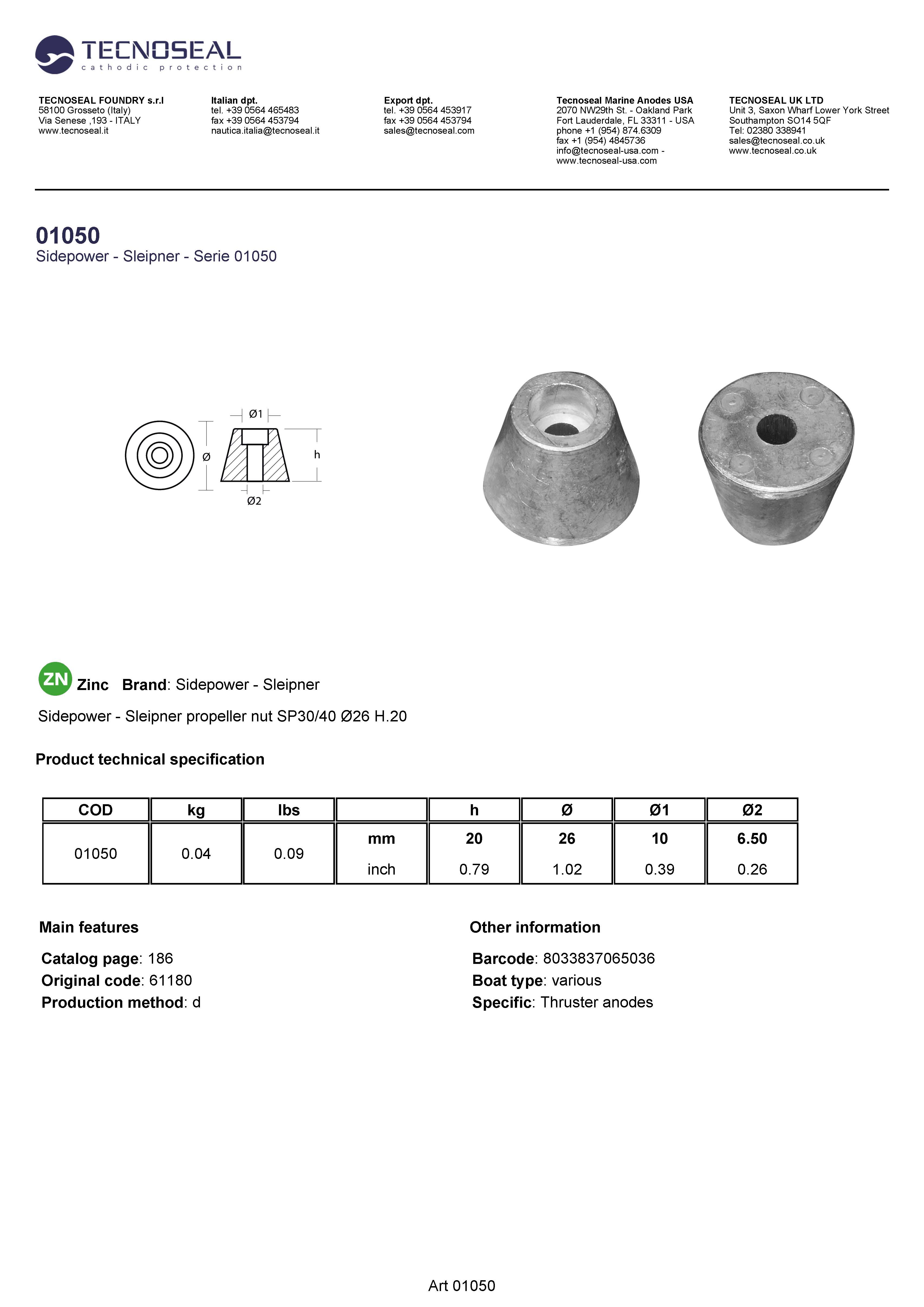 Sidepower - Sleipner propeller nut SP30/40   &Oslash;26 H.20 - 01050 - 01050