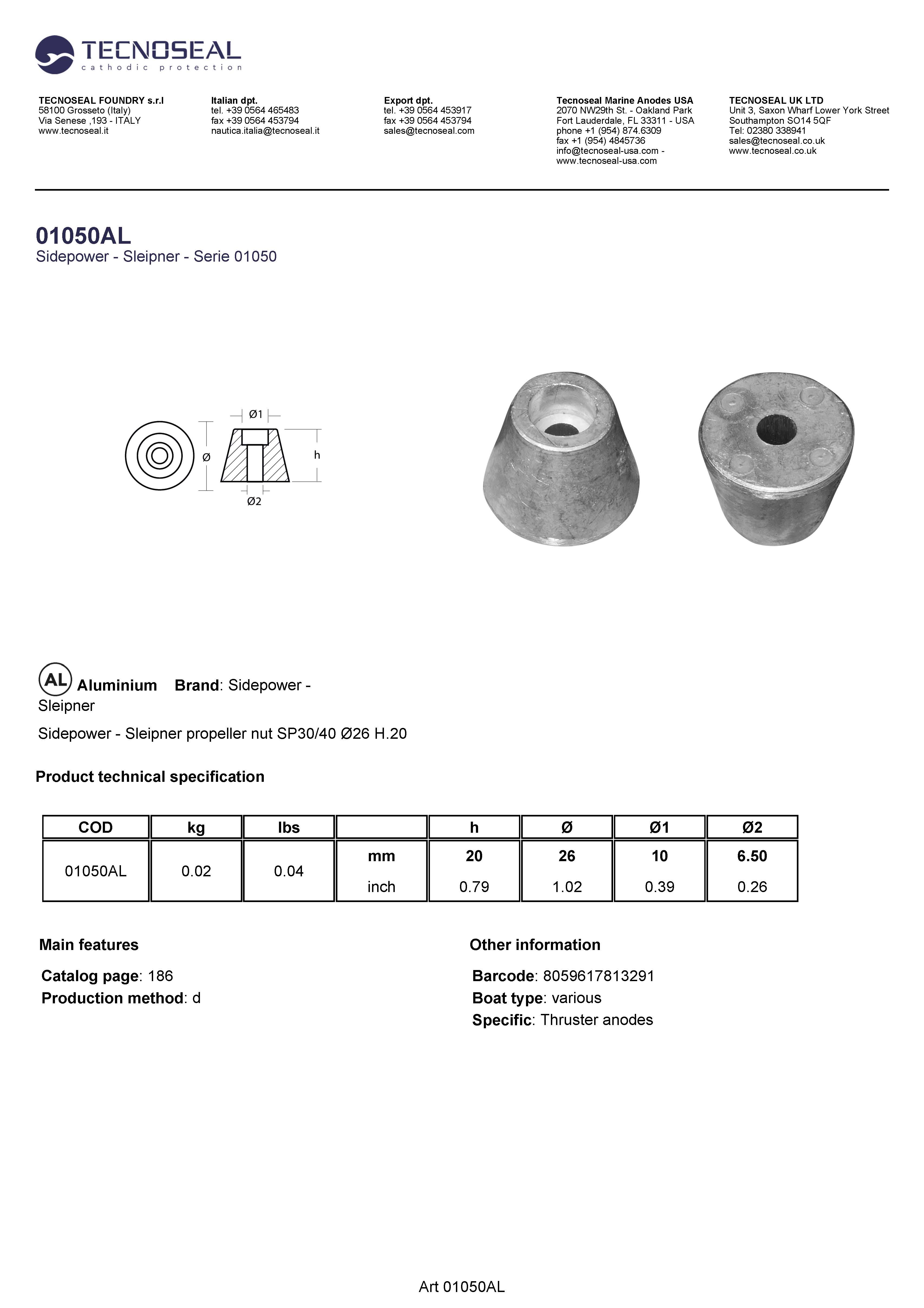 Sidepower - Sleipner propeller nut SP30/40   &Oslash;26 H.20 - 01050al - 01050AL