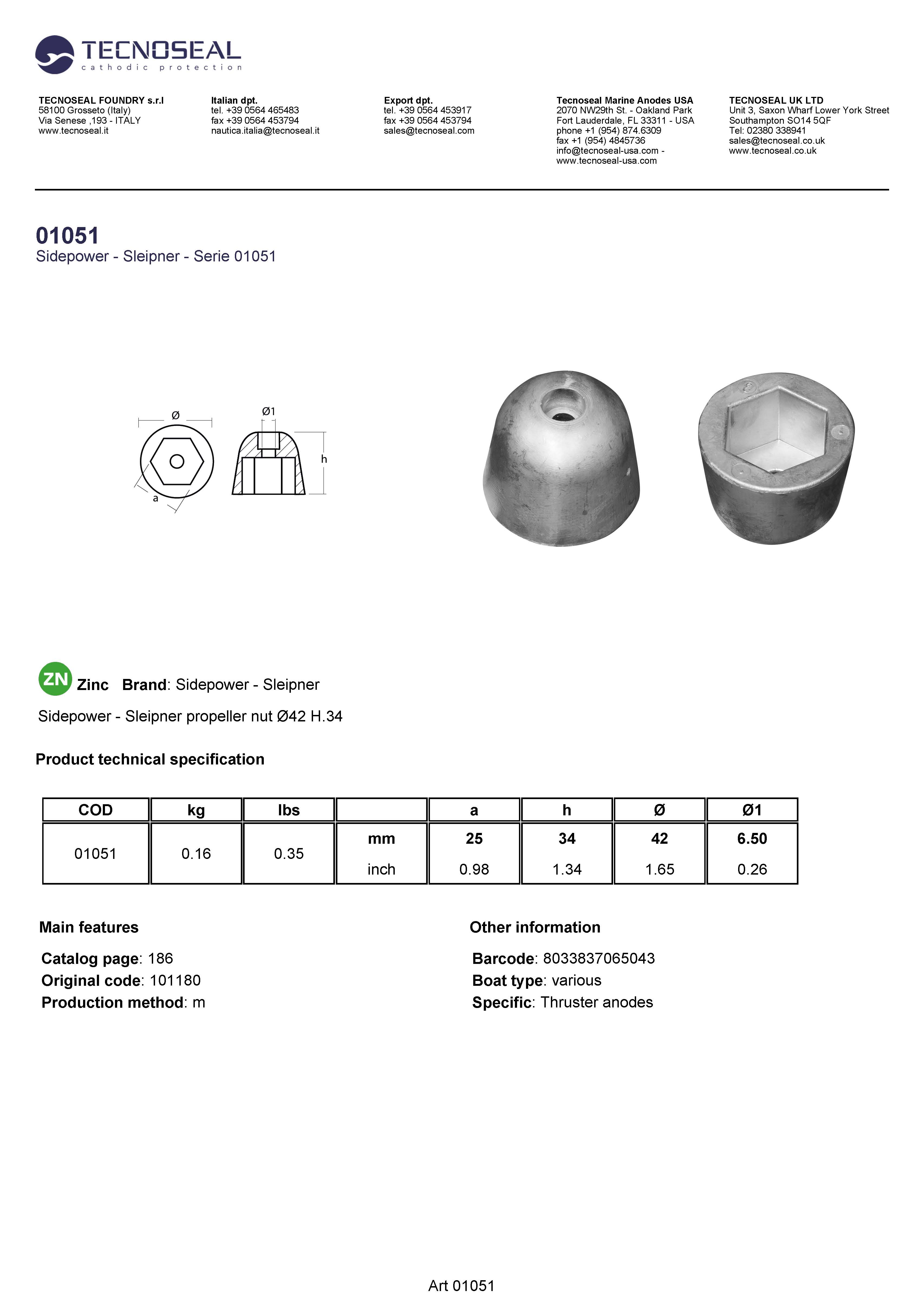 Sidepower - Sleipner propeller nut &Oslash;42 H.34 - 01051 - 01051