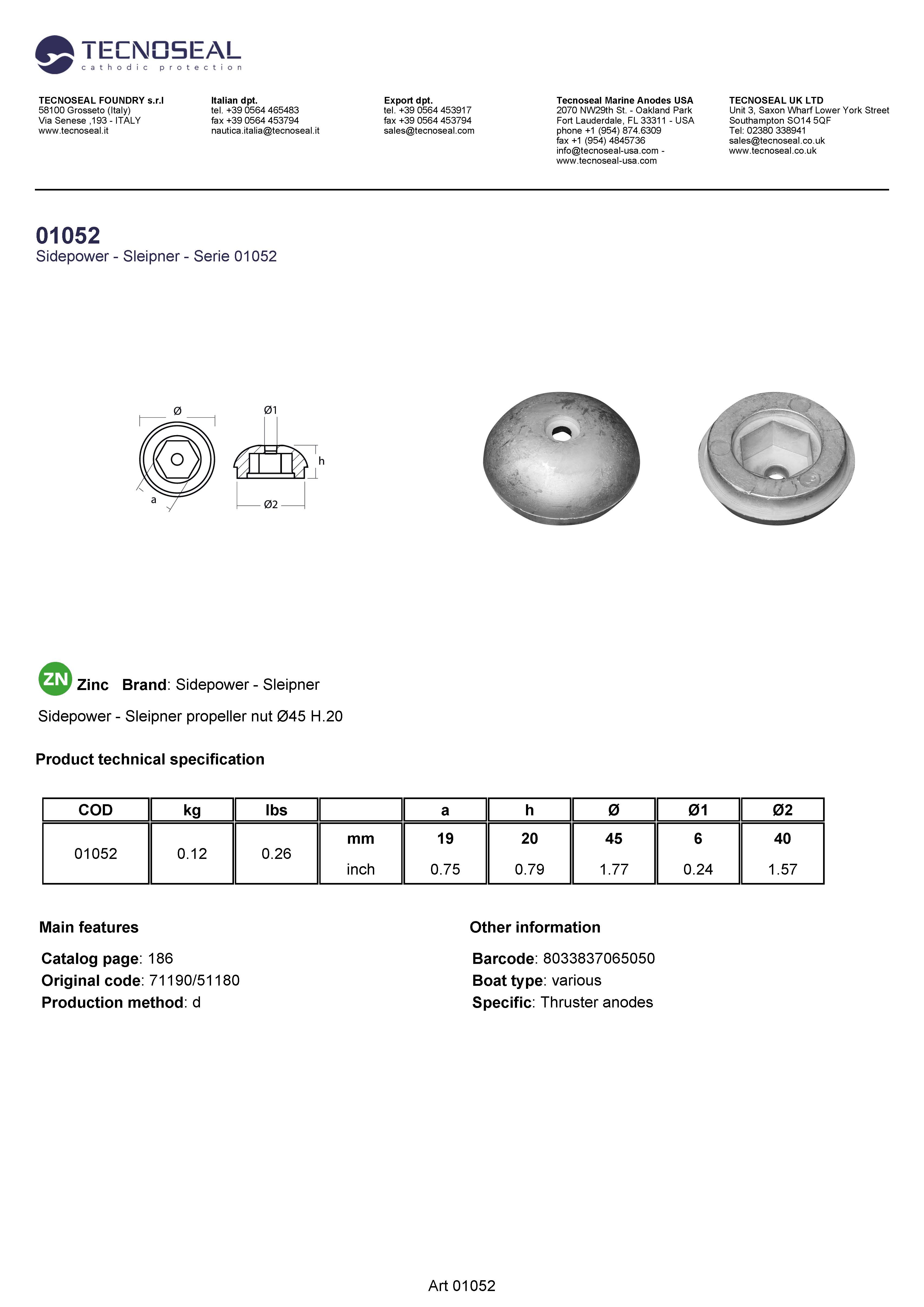 Sidepower - Sleipner propeller nut &Oslash;45 H.20 - 01052 - 01052