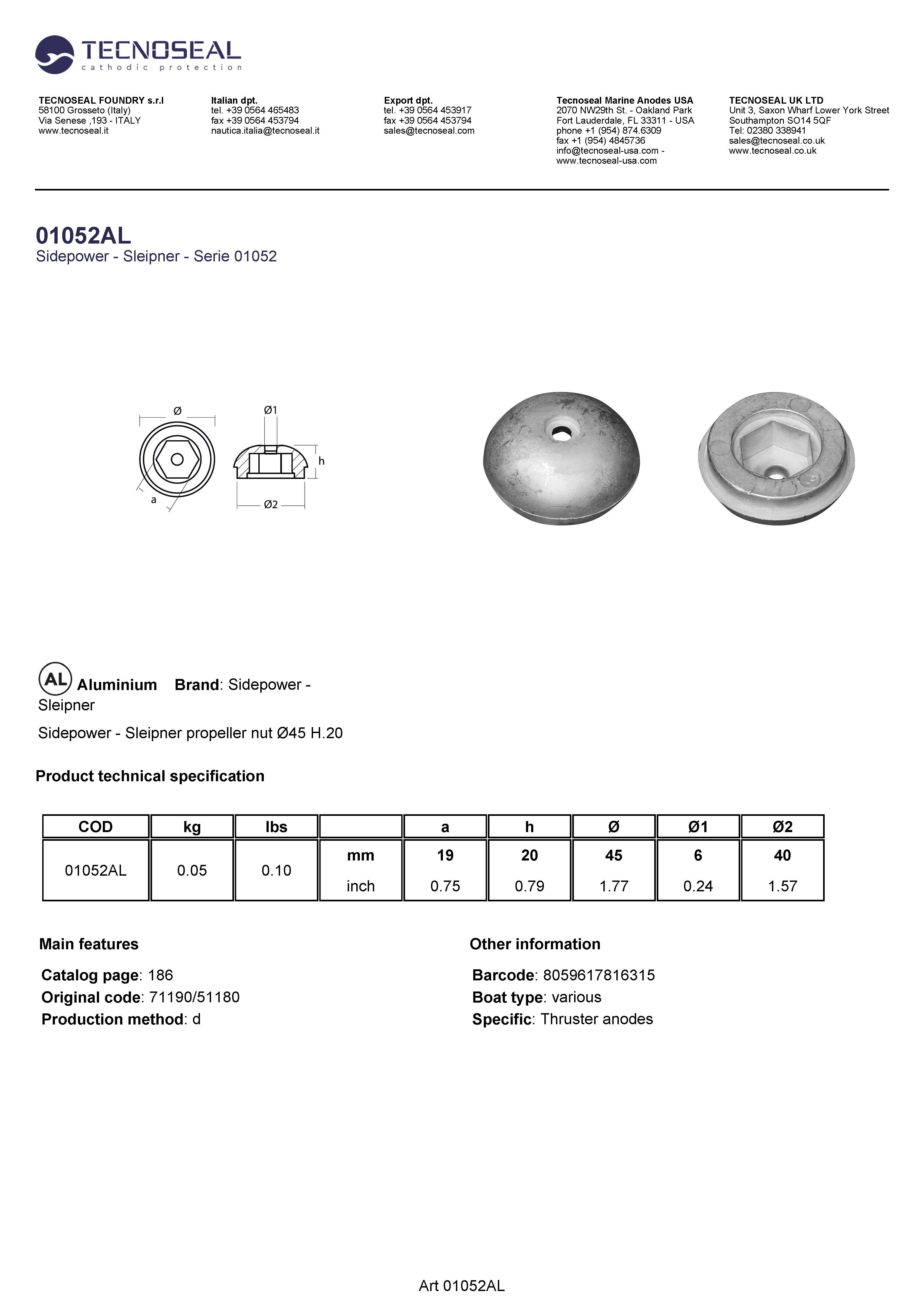 Sidepower - Sleipner propeller nut &Oslash;45 H.20 - 01052al - 01052AL